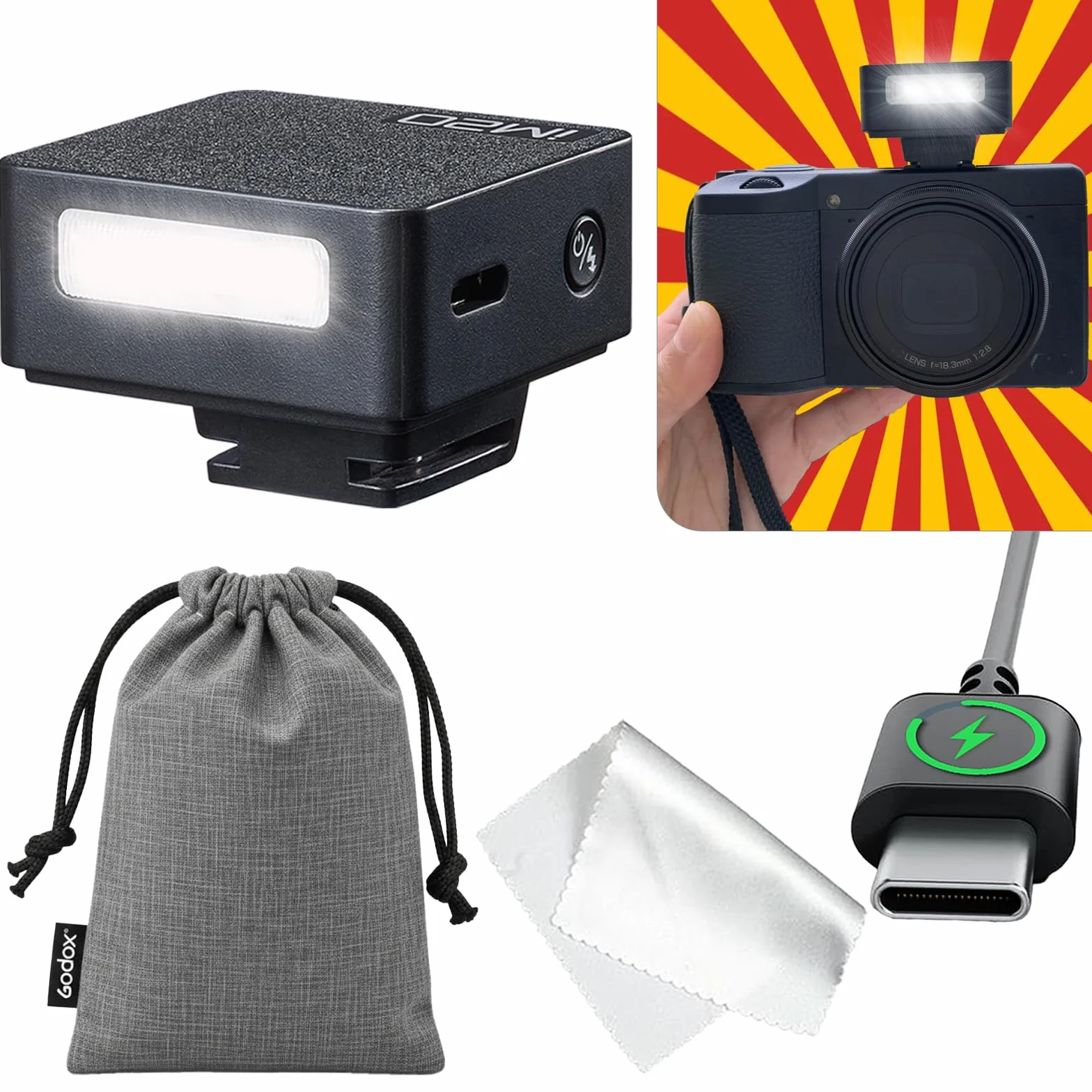 Godox IM20 mini lampa błyskowa, manualny speedlite z 5 poziomami mocy, do 440 błysków przy pełnej mocy, kompatybilna z Ricoh GR III/GR III X, Canon, Sony, Nikon, Fujifilm i Pentax
