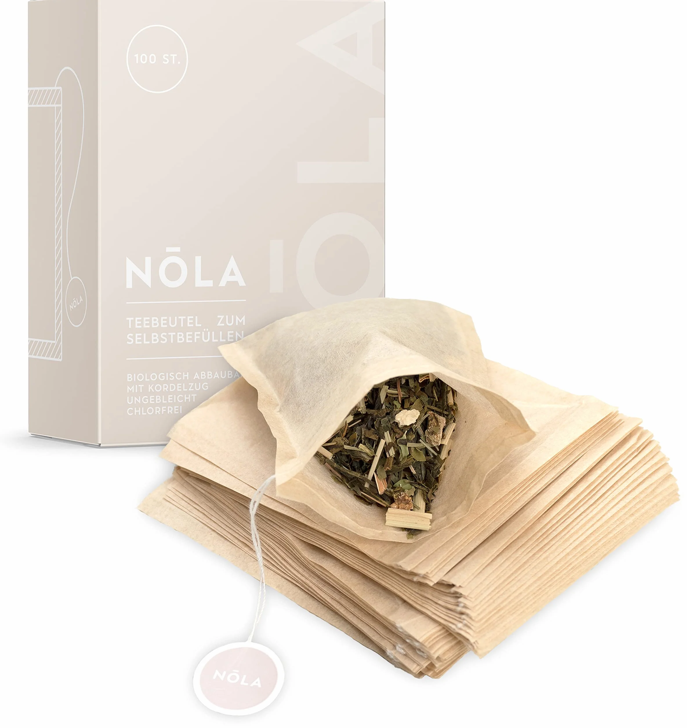 NOLA Jednorazowe torebki do herbaty sypkiej (100 sztuk) – biodegradowalne i nadające się do recyklingu – ze sznurkiem ściągającym – 9,5 x 8 cm – nadają się również do dzbanków do herbaty