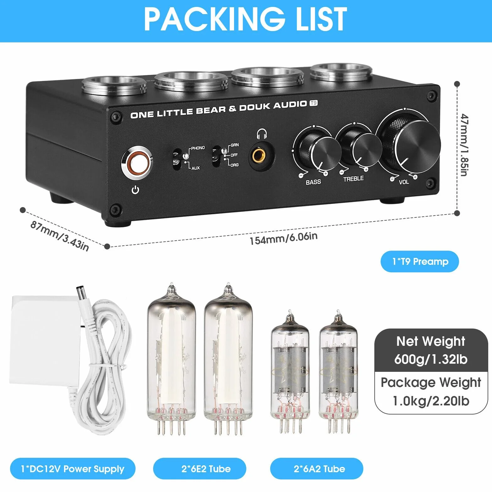 Nobsound HiFi 6E2 przedwzmacniacz rurowy Phono Preamp do MM/MC Turntablebles Headphone Amp