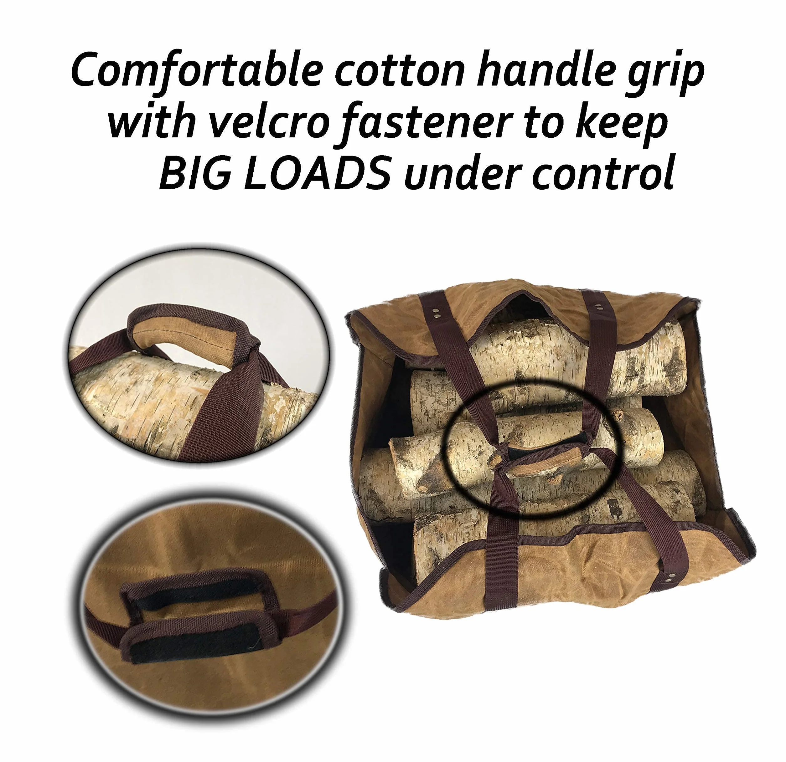 LivinWell Firewood Carrier Fire Wood Log Carry Bag Closed End Tote Stands Up for Easy Loading Heavy Duty Large Carrying Waxed Canvas Holder Basket Strong Straps Woodstove Fireplace Decor