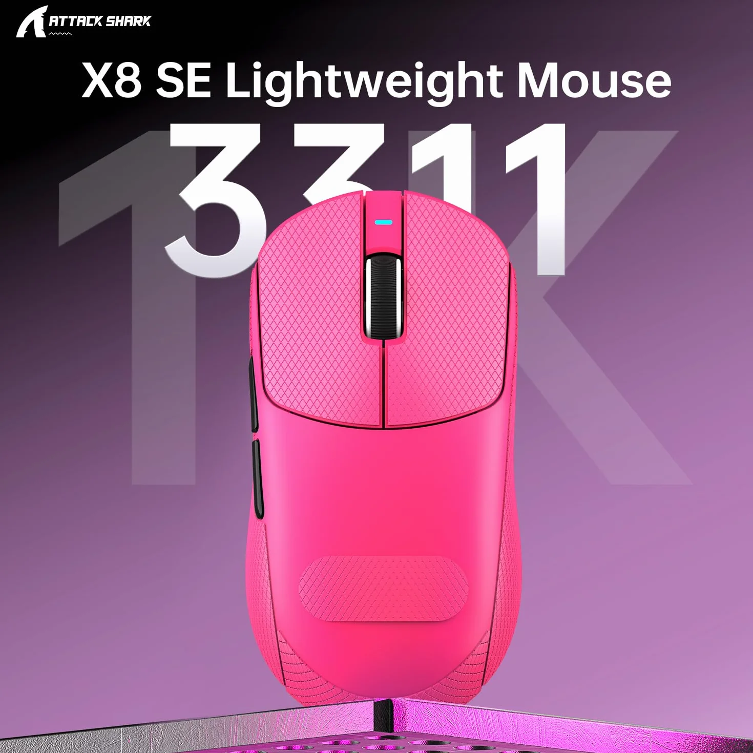 ATTACK SHARK X8SE Mouse with Grip Tape for Large Hand, 55g SUPERLIGHT, PixArt PAW3311 Gaming Sensor, BT/2.4G Wireless/Wired, Adjustable DPI up to 25000, 500mAh Battery (Berry Red)