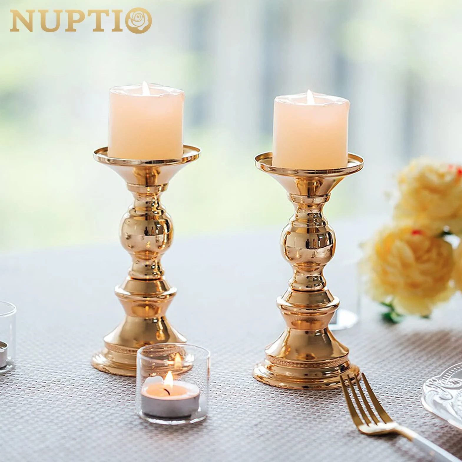 Nuptio zestaw 2 metalowych świeczników w kolorze złotym, ślubne świeczniki, 50 mm, stojak, idealna dekoracja na wesela, specjalne okazje, imprezy, świecznik świąteczny