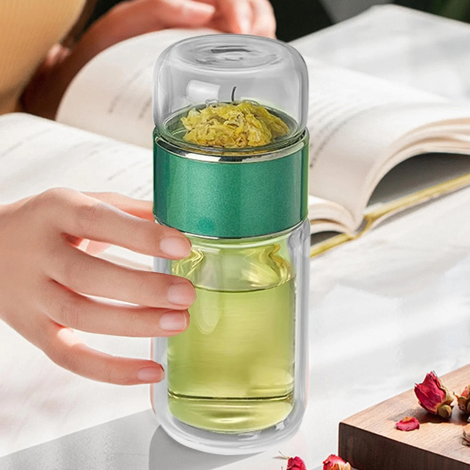 Infusifie Zaparzacz do herbaty 3 w 1 szklany butelka z podwójną warstwą separacji herbaty i wody szczelny