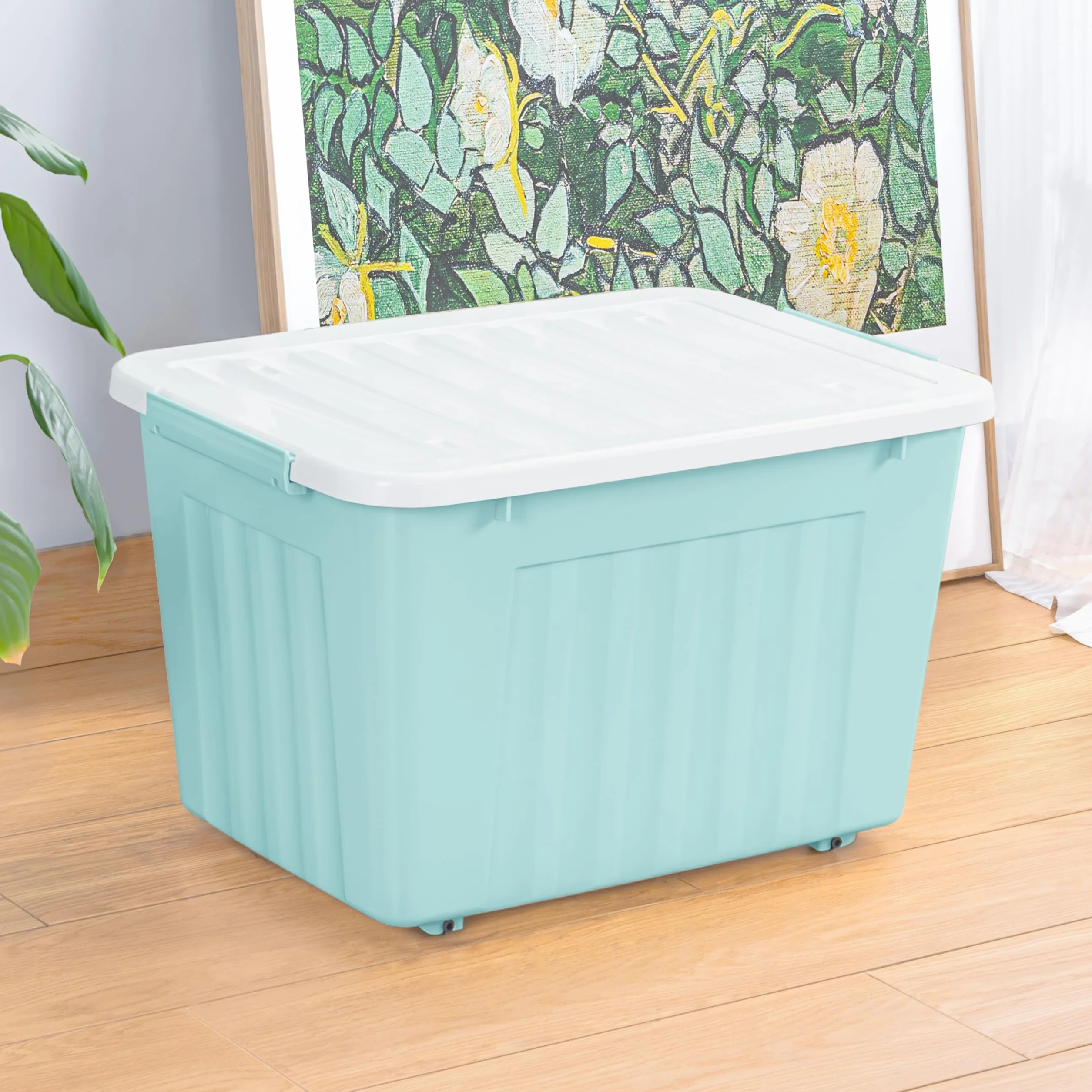 Cetomo 80 l x 3 pudełka do przechowywania z kółkami, plastikowe pudełko do przechowywania z pokrywką, klamry zatrzaskowe, zapięcie na zatrzask, możliwość układania w stos, zagnieżdżanie, trwały