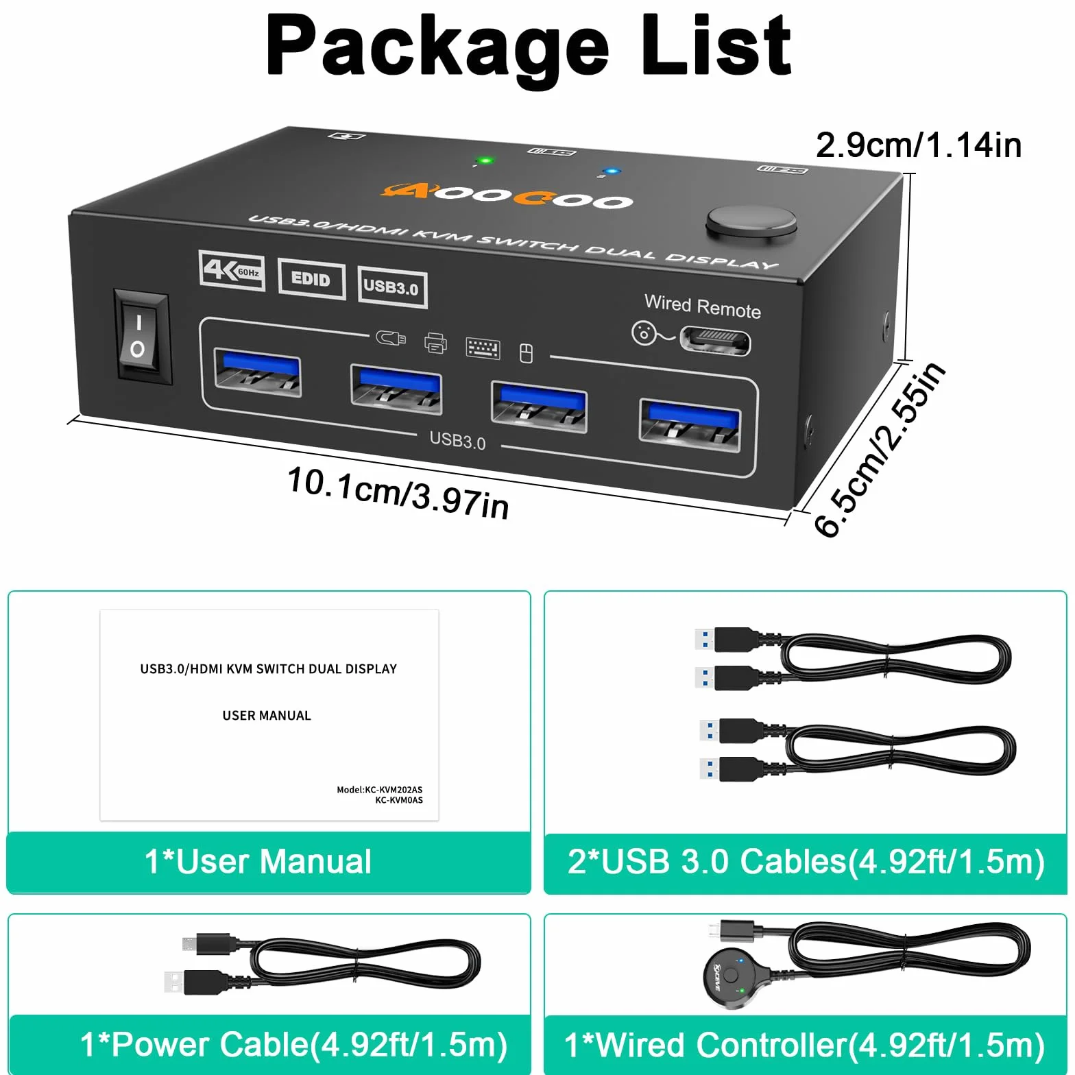 Przełącznik KVM 2 monitory 2 PC 4K @160Hz 2K @120Hz, przełączniki KVM HDMI z funkcją EDID Pilot przewodowy, zasilacz i kabel USB 3.0 w zestawie
