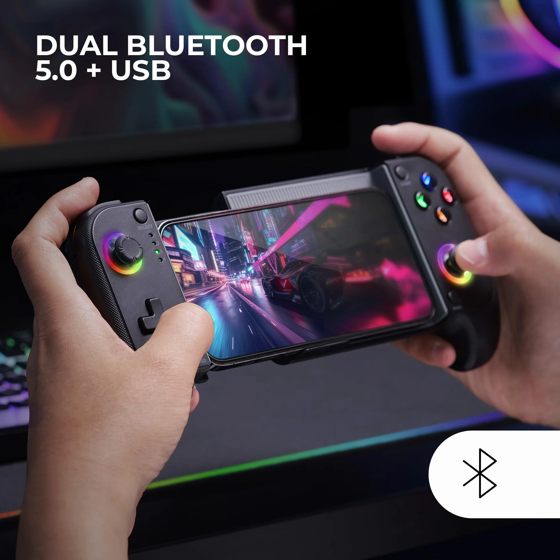 Mars Gaming MGPX Gamepad Bluetooth 5.0 2w1 RGB Neon Podwójna Wibracja Turbo Kontroler PC Android iOS USB-C Etui Czarny