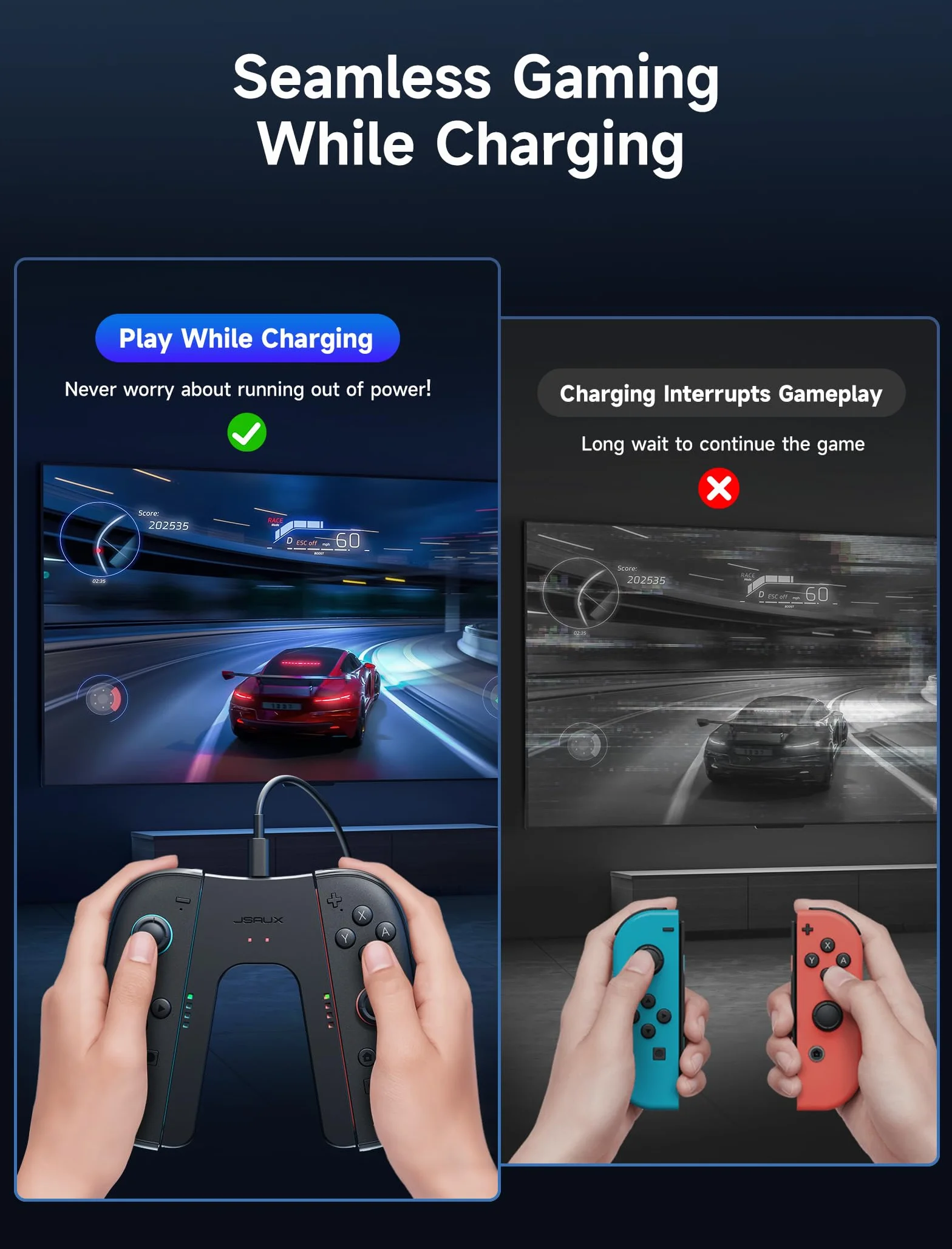 JSAUX ergonomiczny uchwyt ładujący kompatybilny z konsolą Nintendo Switch 2, magnetyczny uchwyt kompatybilny z kontrolerami JoyCon Switch 2, granie ładowania, wskaźnik LED, kabel 1,5 m/4,9 ft – czarny