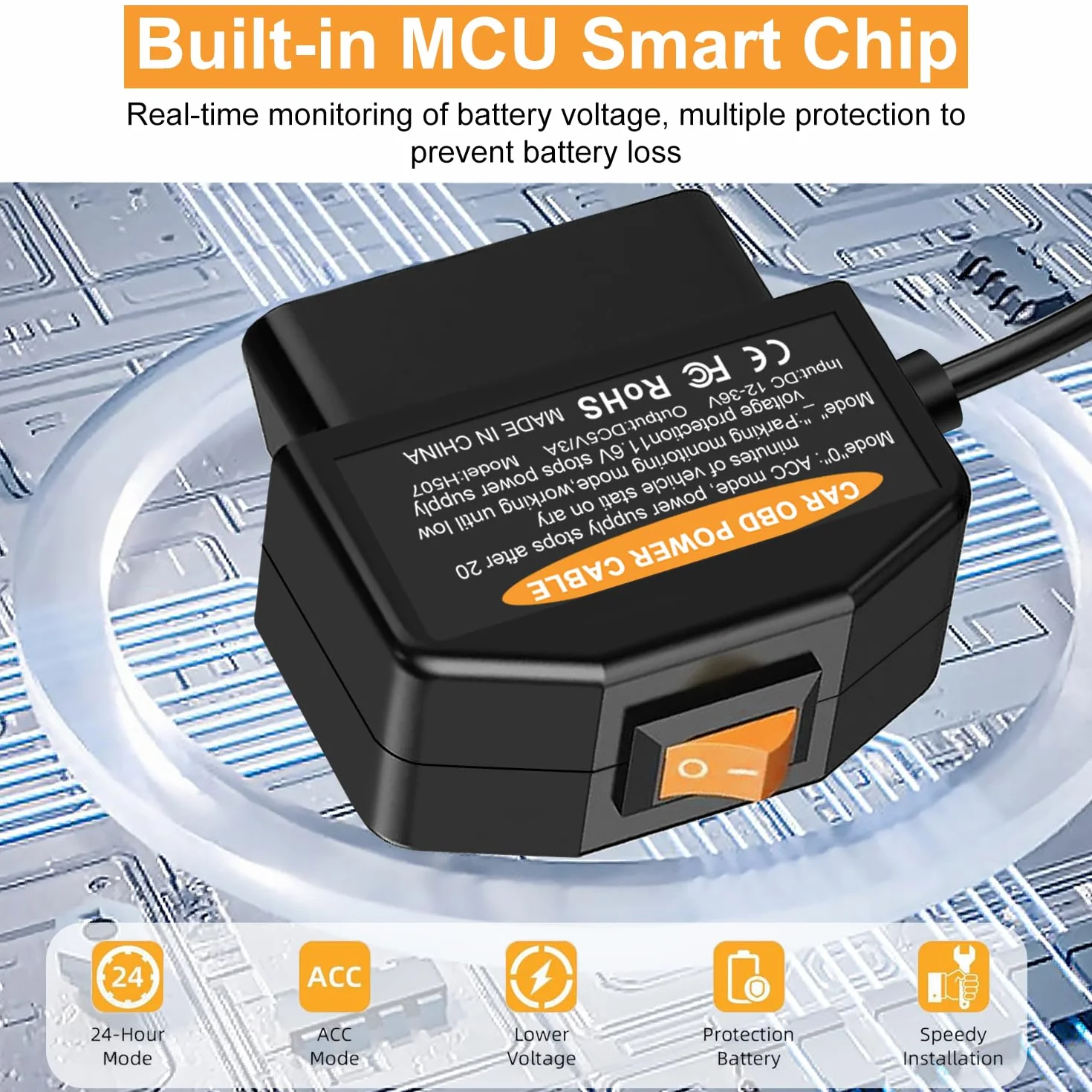OBD kabel zasilający do kamery samochodowej, zestaw OBD2 do Typ C z przyciskiem włącznika, 12-36V do 5V/3A, 24-godzinna monitorowanie/tryb ACC, Nadaje się do kamery samochodowej, GPS lub