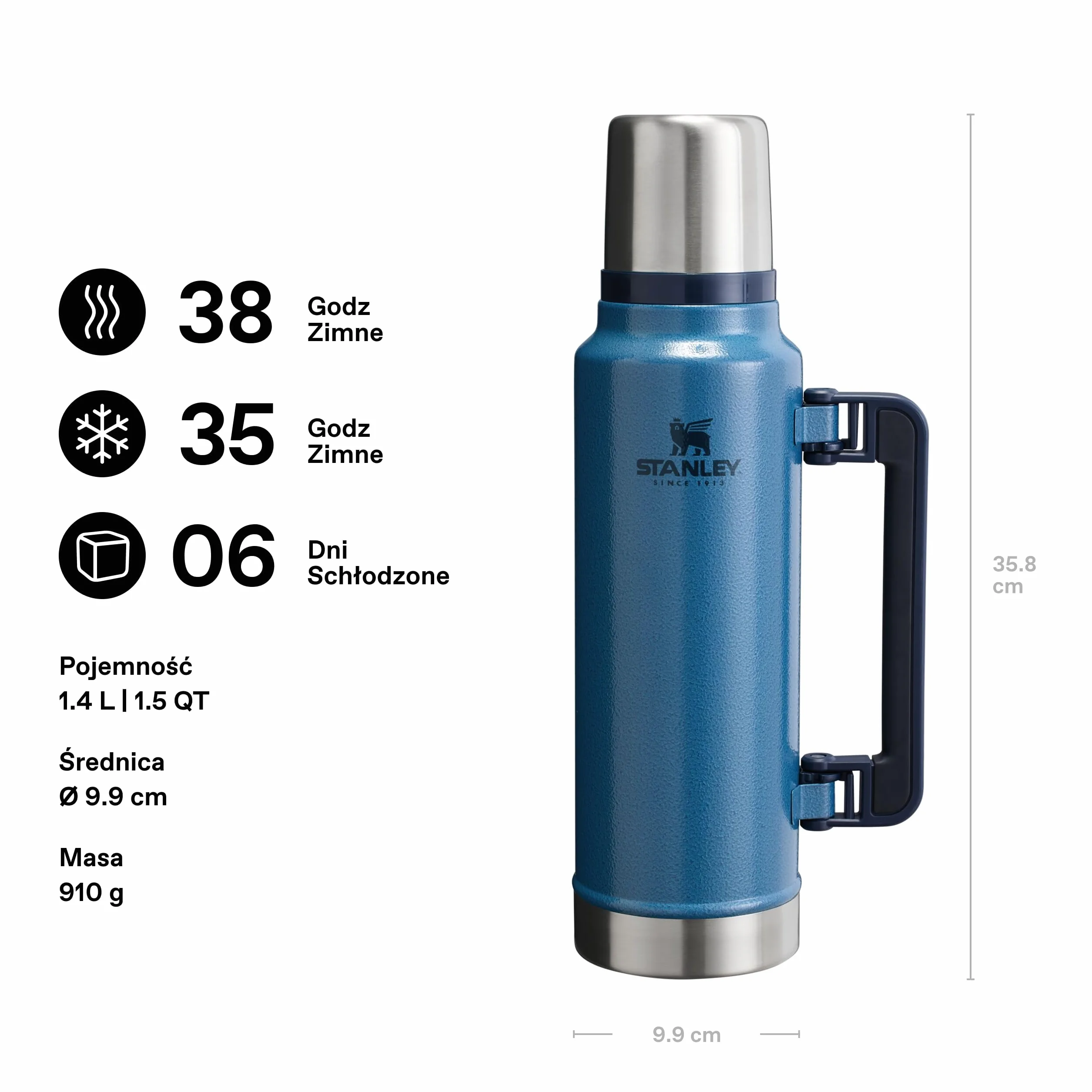 Stanley Classic Legendary Termos 1.4L - Termos ze Stali Nierdzewnej Bez BPA - Utrzymuje ciepło przez 40 godzin - Zimno 35 Godzin - Szczelna nakrętka pełniąca rolę kubka - Do Mycia w Zmywarce - Lake