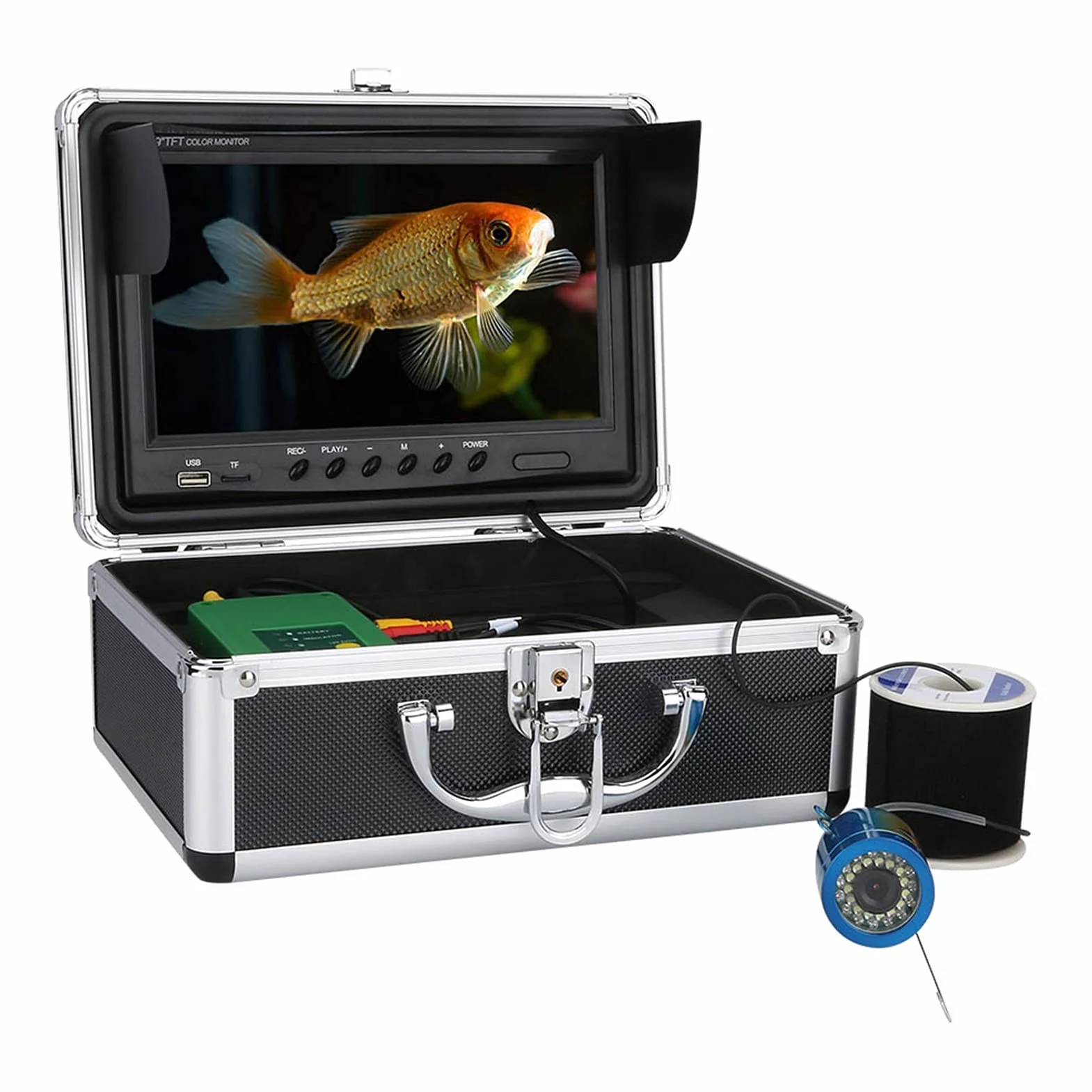 Podwodna Kamera, 9 cali DVR. Fisher Fisher 100. 0TVL. Podwodna nagrywanie Kamera połowowa 15 sztuk biały LE DS Plus 15 sztuk Lampa na podczerwień,Echosonda(30M Cable)