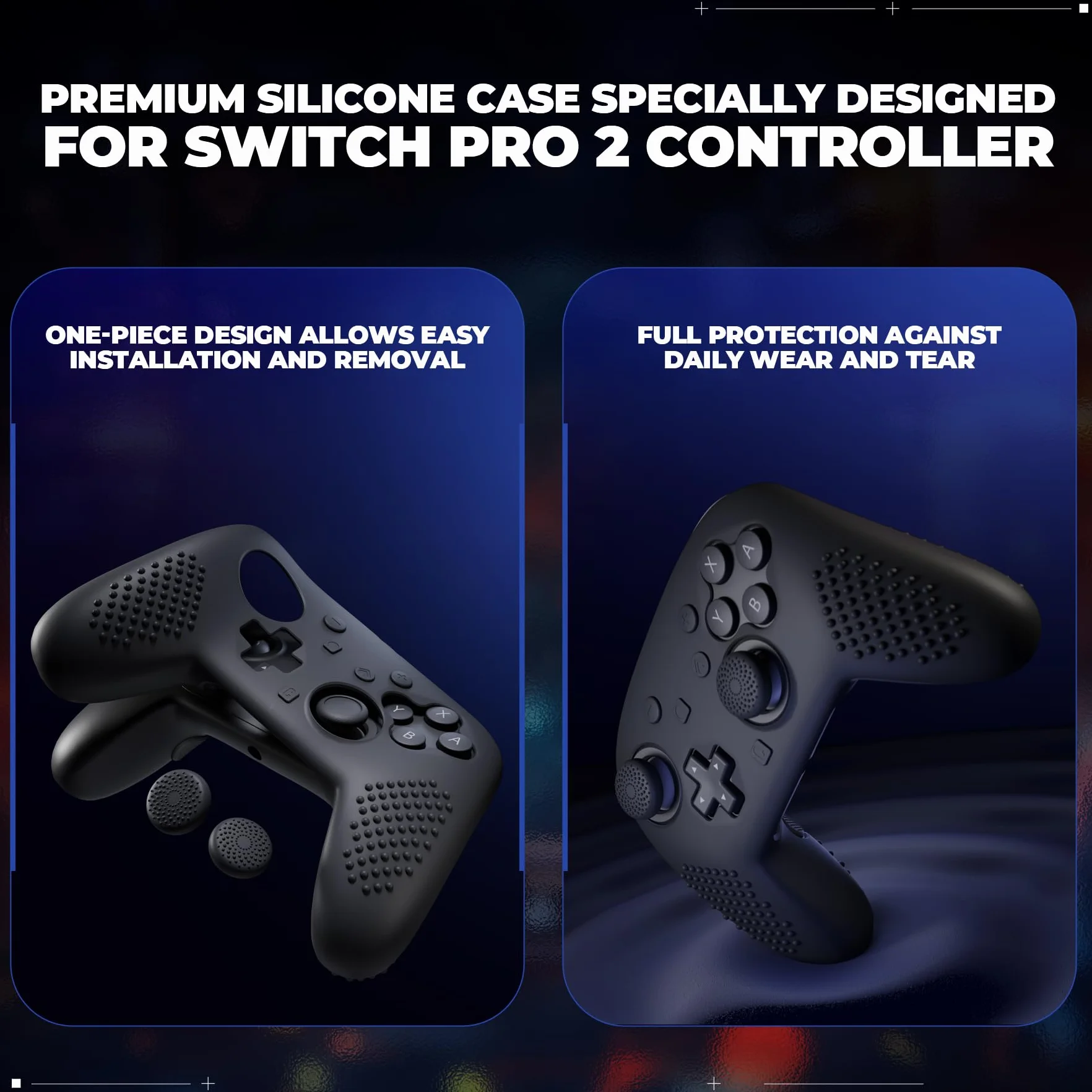 PlayVital Osłona Ochronna do Switch 2 Pro Etui Uchwyt Kontrolera Pokrowiec Silikonowy do Switch 2 Pro z Nakładkami na Przyciski/Joysticki i Naklejkami,Antypoślizgowa Osłona Kontrolera–Czarna