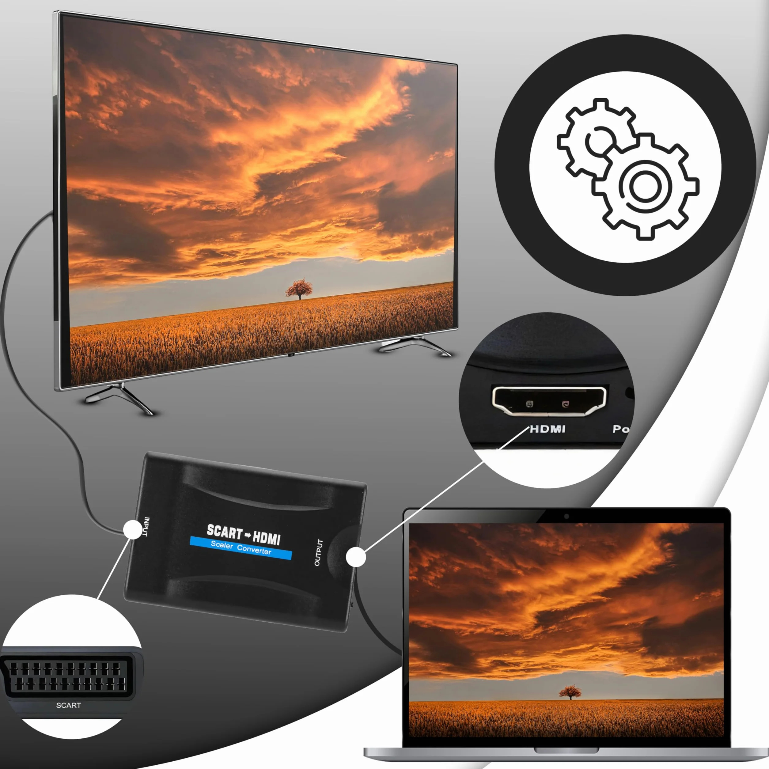 Retoo Konwerter SCART na HDMI, adapter przetwornik audio 1080p HD do HDTV STB VHS Xbox PS3 Sky Blu-ray DVD Player, adapter do HDTV VHS, obsługuje PAL, NTSC3.58. NTSC4,43