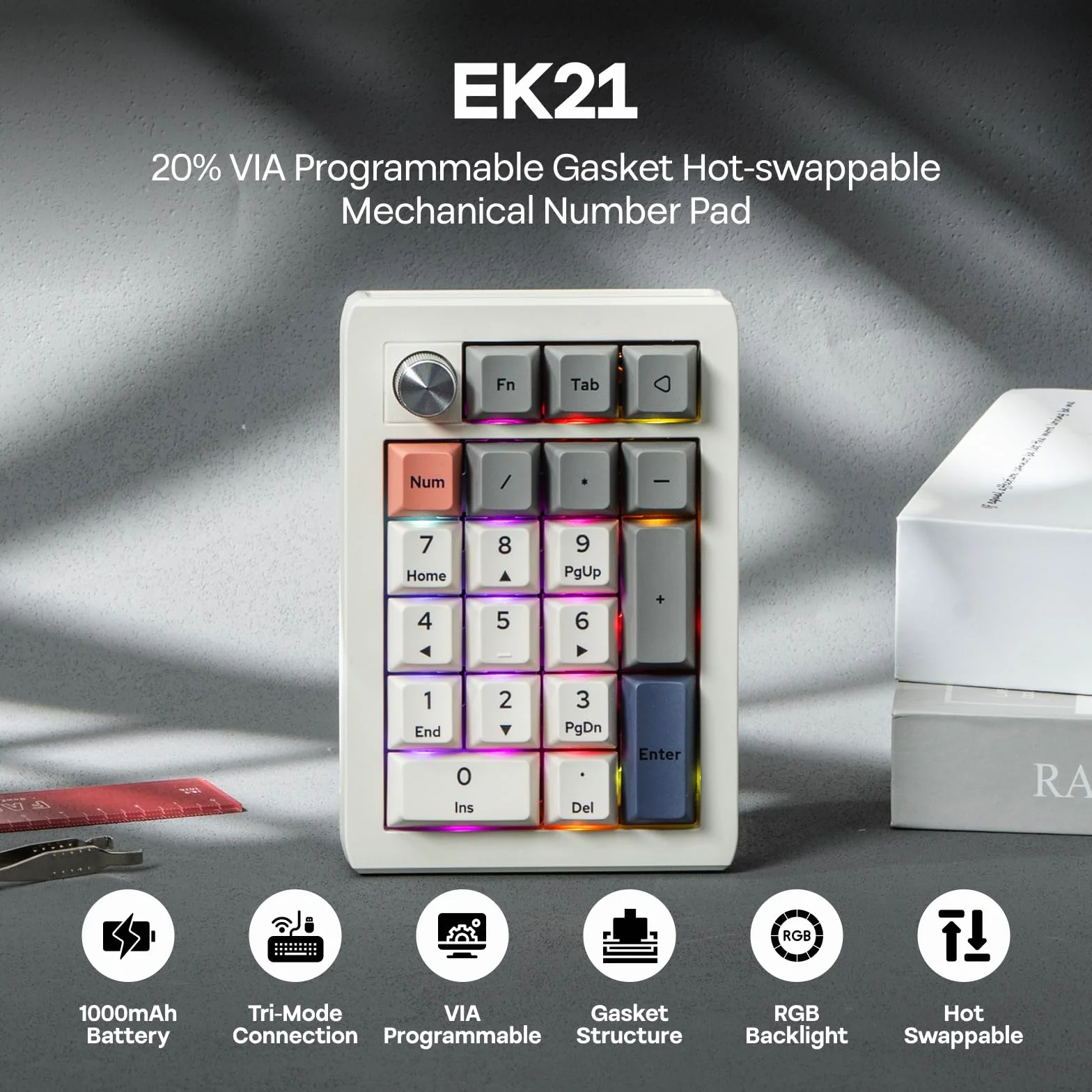 EPOMAKER EK21 VIA podkładka numeryczna z baterią 1000 mAh, BT 5.0/2,4 GHz / przewodowa klawiatura numeryczna Hot-Swap z pokrętłem ze stopu aluminium, programowalna do Windowsa, Maca, gier, biała