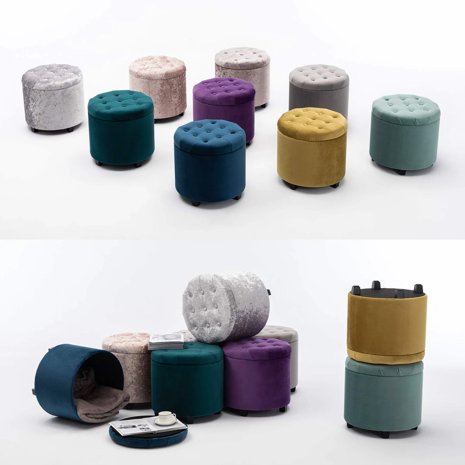 HNNHOME® 45 cm okrągłe nowe aksamitne wyściełane siedzisko otomana schowek pufy krzesło z pokrywką (granatowy, aksamit)