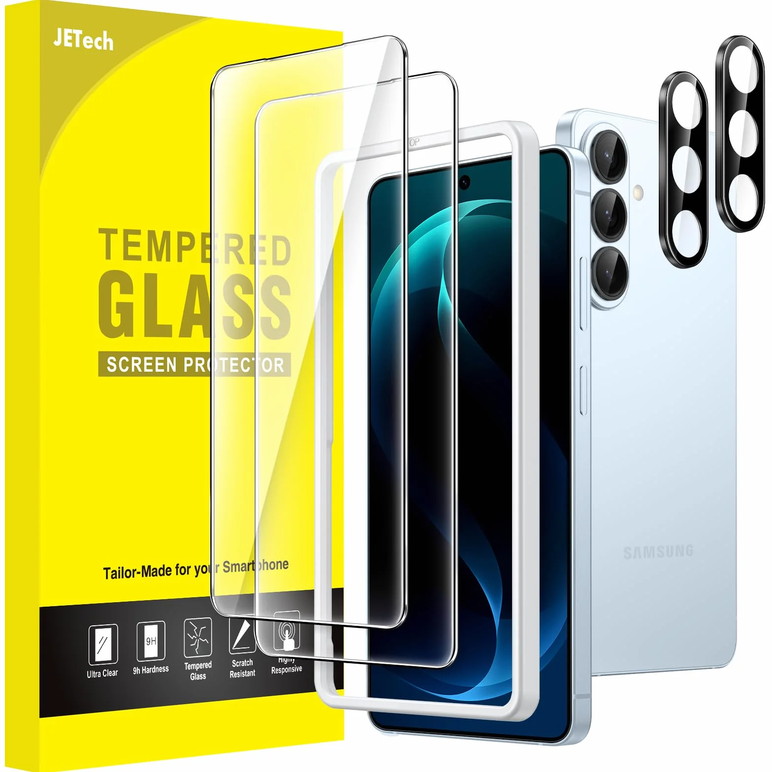 JETech Ochraniacz Ekranu dla Samsung Galaxy S26 z Osłona Obiektywu Aparatu, 9H Szkło Hartowane Film, ID Odcisku Palca Kompatybilny, HD Przejaśniać, 2 Sztuki Każdy