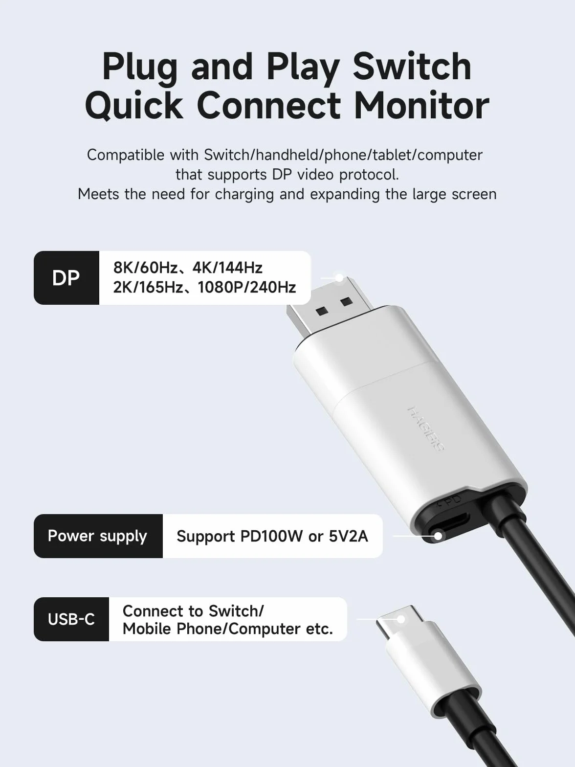 Hagibis - Stacja dokująca do Nintendo Switch & Switch OLED, USB C na DisplayPort kabel adapter z 8K przy 60Hz DP, 100 W PD, typ C na DP adapter do laptopa, tabletu, SteamDeck (biała)