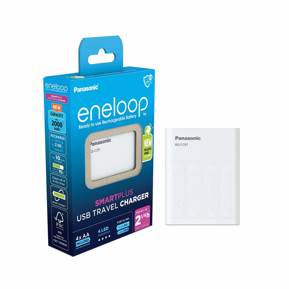Ładowarka Panasonic eneloop SmartPlus USB Travel do 1–4 akumulatorów AA/AAA Ni-MH z wyjściem USB i 10 funkcjami bezpieczeństwa, w zestawie z 4 akumulatorami eneloop AA/Mignon, min. 2000 mAh