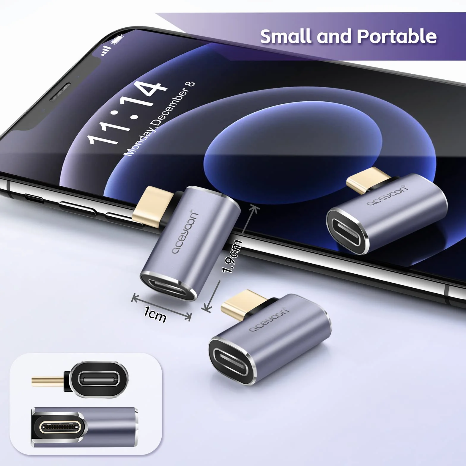 Aceyoon 3 Wtyczki Kątowe USB C, 90 Stopni, Adapter 40 Gbps/100 W/Gen 2, Obsługuje Wideo 8K 60 Hz i Szybkie Ładowanie PD, Do Telefonu Komórkowego, Laptopa i Tabletu