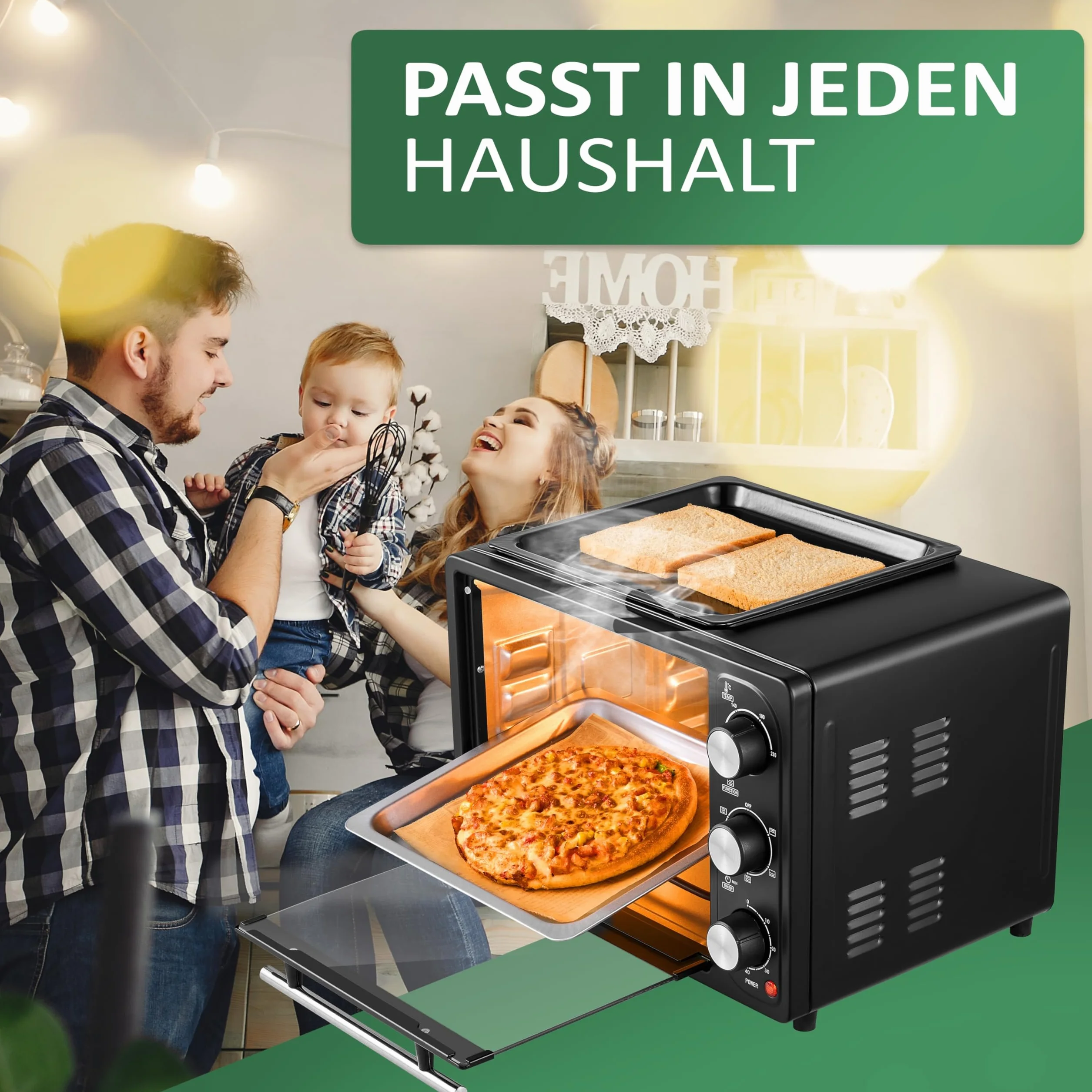 Mini piekarnik 3 w 1, 20 l, z konwekcją, z płytą utrzymującą ciepło, 2 blachy do pieczenia + ruszt do grillowania, mini piekarnik do pizzy, możliwość przełączania obiegu, zdejmowana płyta grillowa, 60