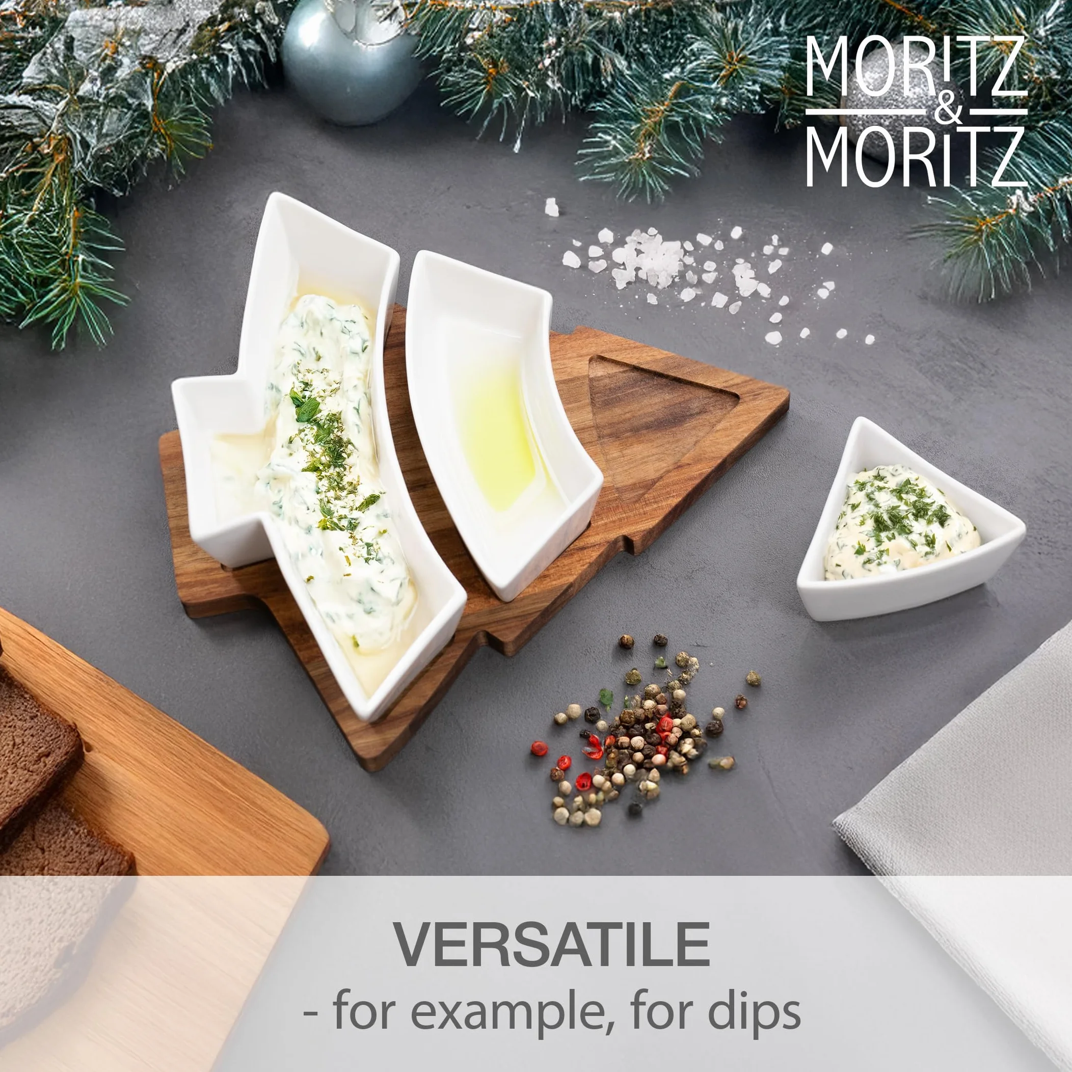 Moritz & Moritz Zestaw miseczek do serwowania Boże Narodzenie Choinka - zestaw miseczek do dipów z drewnianą tacy z drewna akacjowego - ceramiczne miseczki na przekąski, dip, ciastka i świąteczne