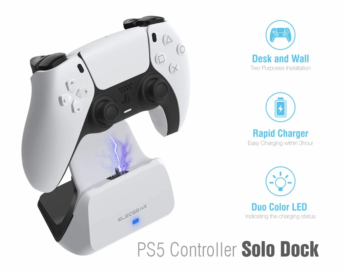 ElecGear Stacja ładująca Solo dla Kontrolera PS5 z Uchwytem ściennym i Biurkiem, Ładowarka USB do PlayStation 5 DualSense