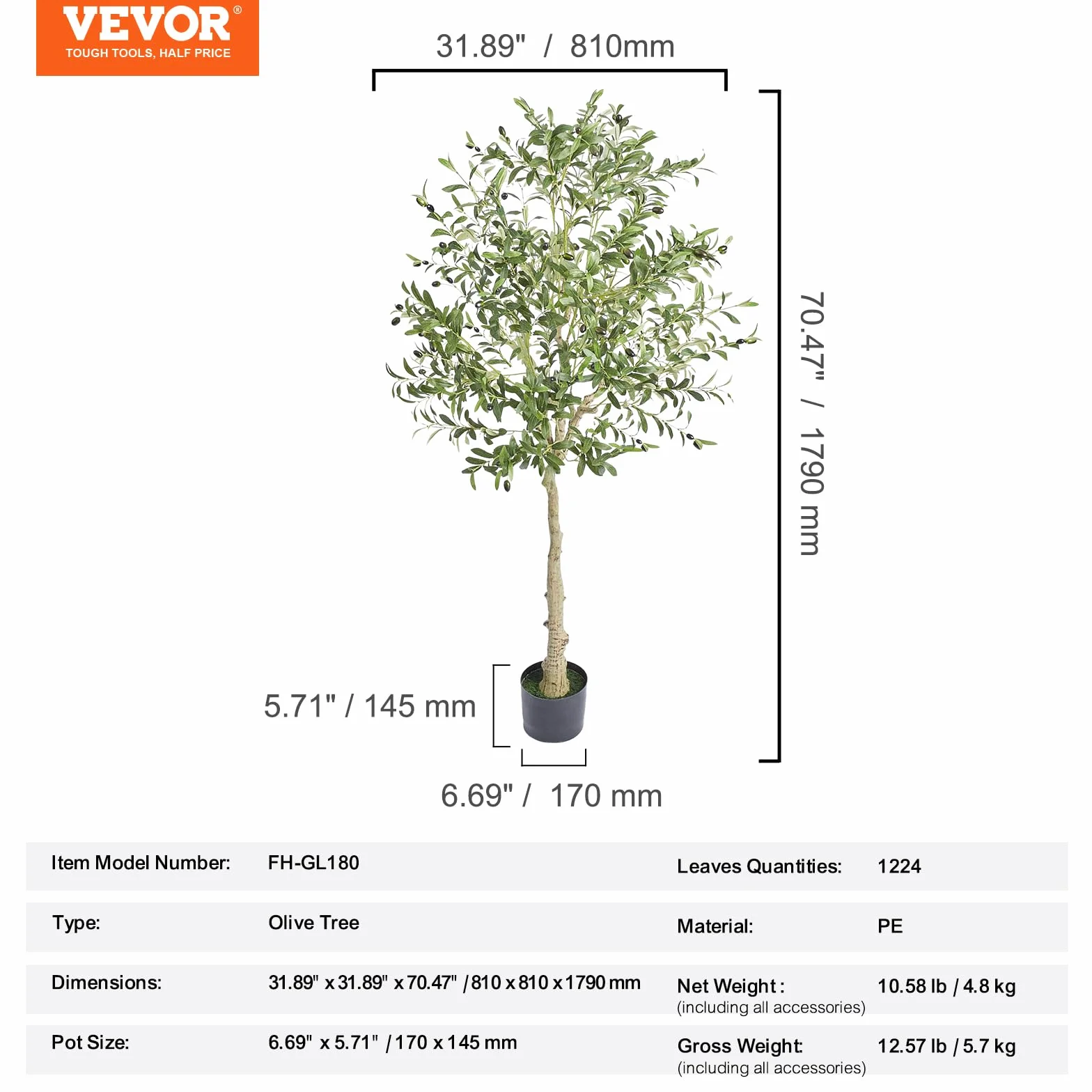 VEVOR Sztuczne drzewo oliwne 179 cm PE z doniczką 170 x 145 mm dekoracja do domu biura