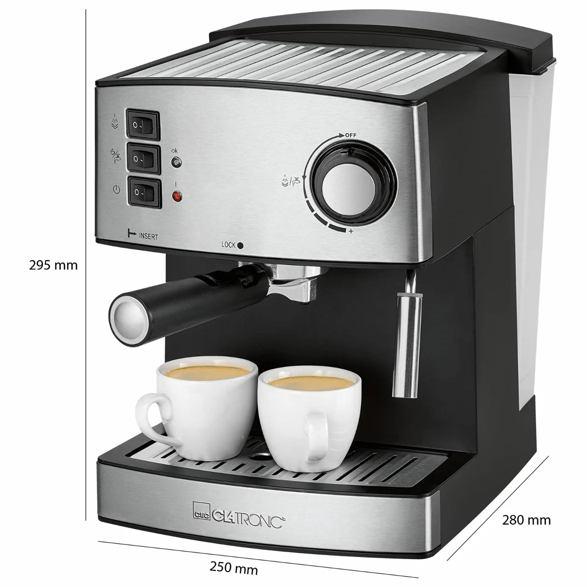 Clatronic ES 3643 ekspres do kawy i cappuccino, front ze stali nierdzewnej, ciśnienie pompy 15 bar, 1,6 litra, funkcja podgrzewania filiżanek, obrotowa dysza pary ze stali nierdzewnej z funkcją spieniania i gorącej wody