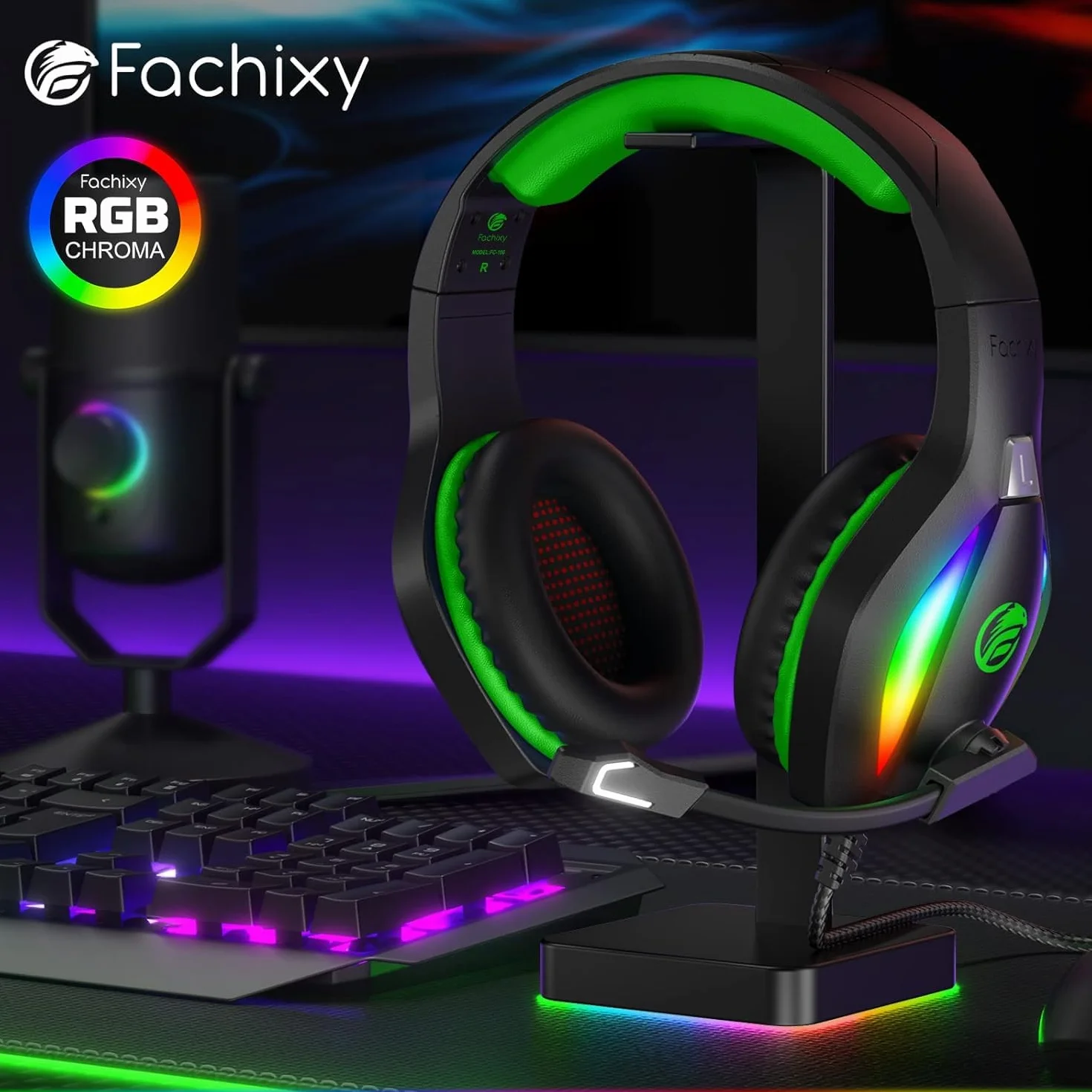 Fachixy FC100 Zestaw słuchawkowy do gier PS4/PS5/PC/Xbox/Nintendo Switch, zestaw słuchawkowy Xbox z jasnym RGB, zestaw słuchawkowy PS5 z mikrofonem, słuchawki do pisania szumów (zielony) (zielony)