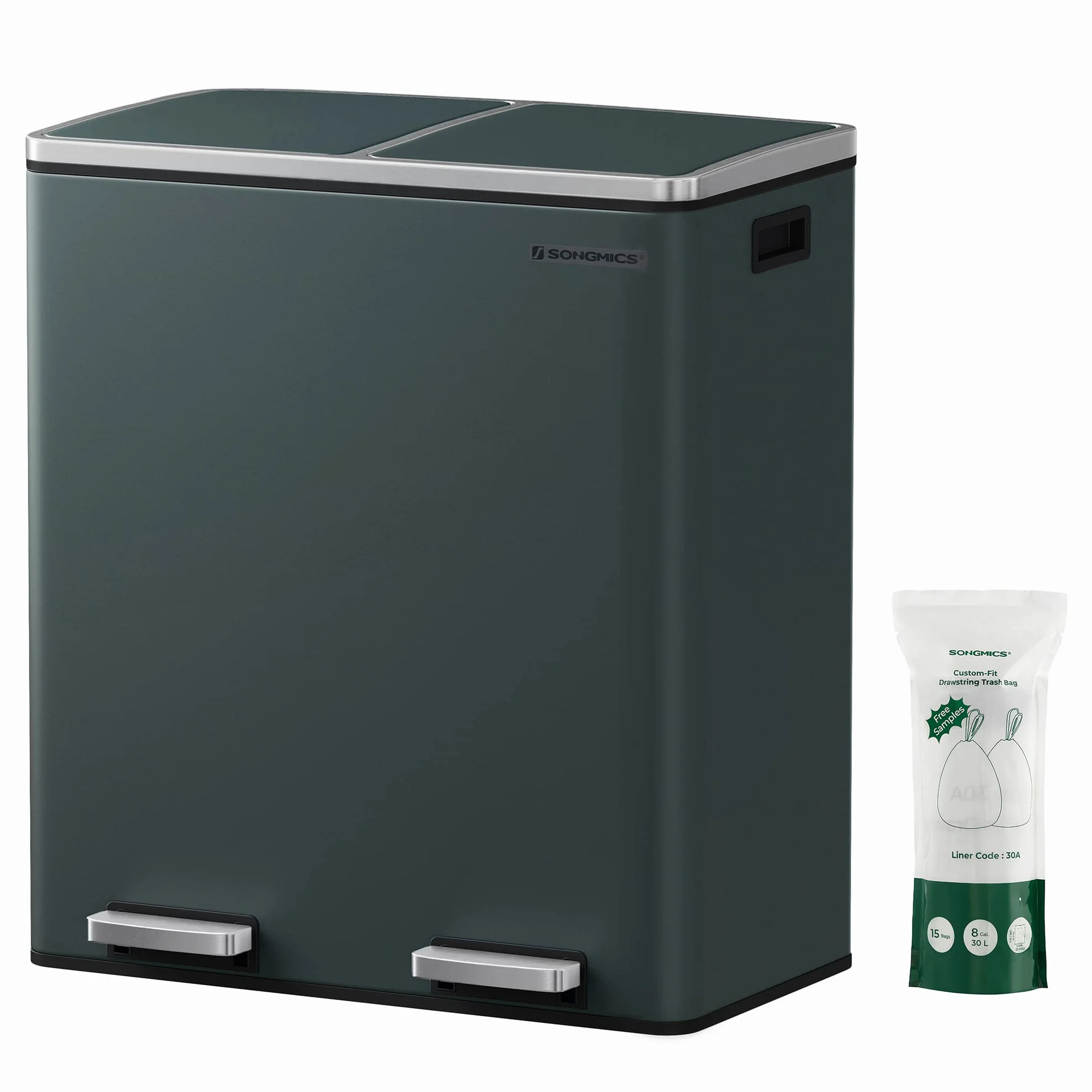 SONGMICS Kosz na śmieci z podwójną komorą 2 x 30 l, antracytowy szary LTB60GS