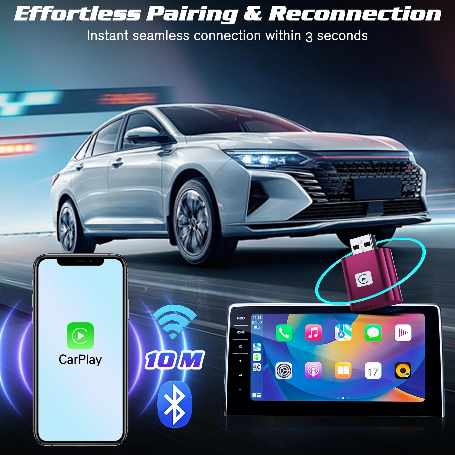 Mini Wireless Carplay Adapter UK for iPhone, 2025 Stable Universal Wireless carplay Adapter, Fast Convert Factory Wired to Wireless CarPlay Dongle Cars for Apple for iOS (NOT for Android)