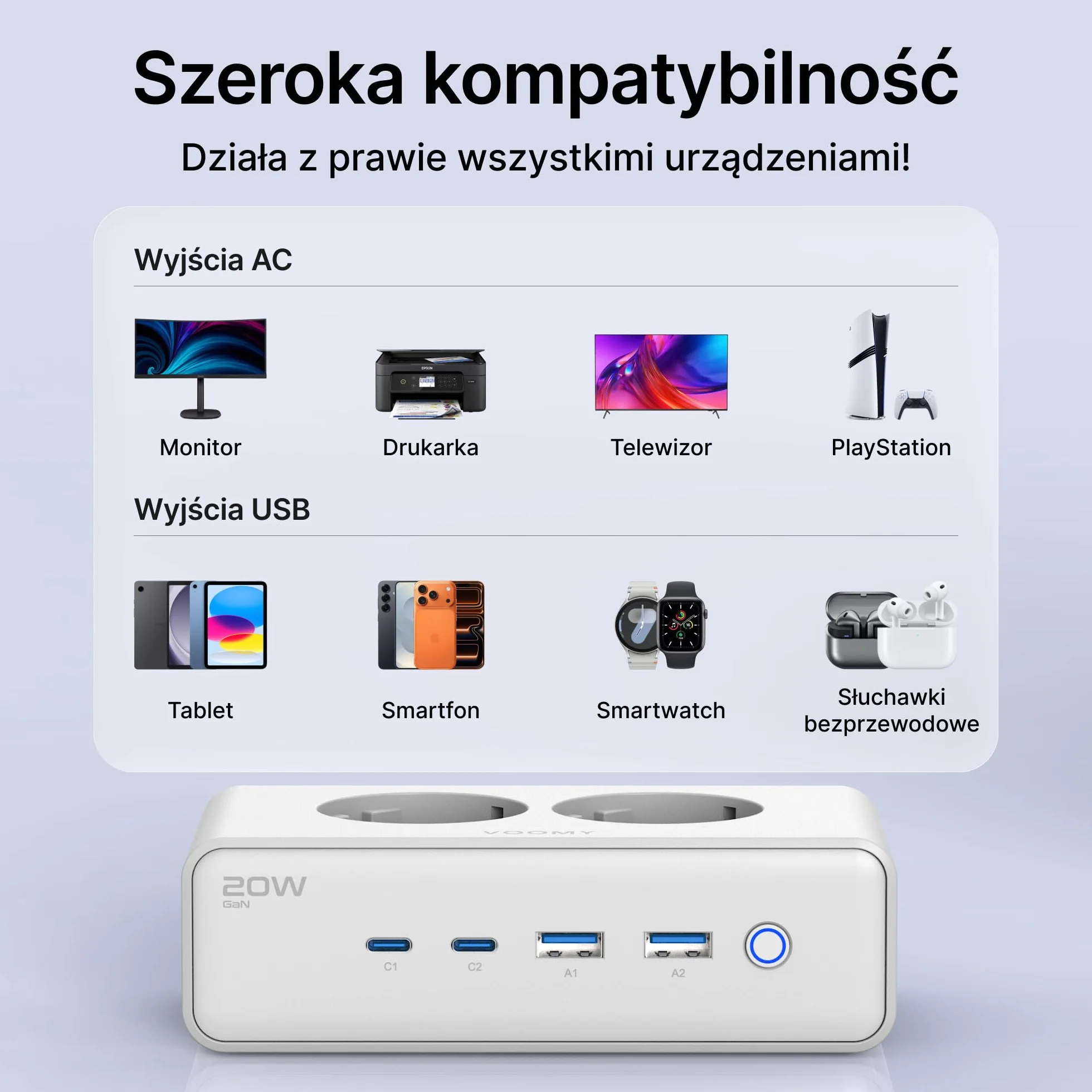 Voomy Listwa Zasilająca z Portami USB 20W, Ochrona przed Przepięciami, Przeciążeniem i Zwarciem, Zabezpieczenie Bezpieczeństwa, 2 Metry (Biały)