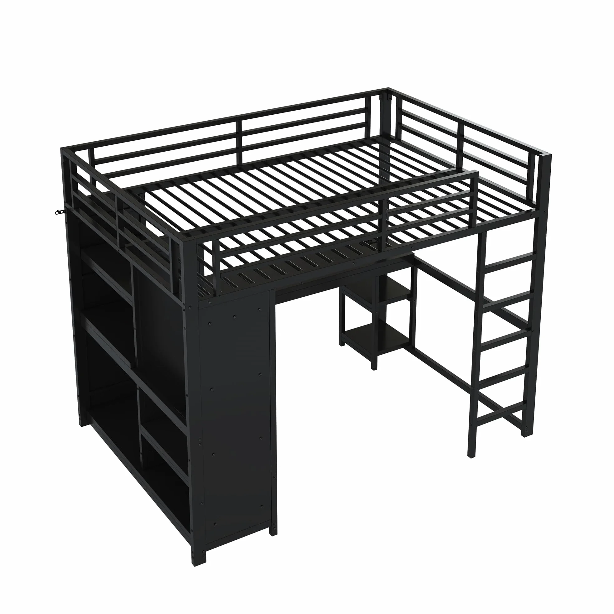 Metalowe Łóżko Piętrowe 140x200 cm z Efektem LED, Łóżko z Biurkiem i Prostymi Schodkami, Otwartą Szafą na Ubrania i Wieloma Przegrodami, Łóżko dla Młodzieży w Stylu Gamingowym, Czarne