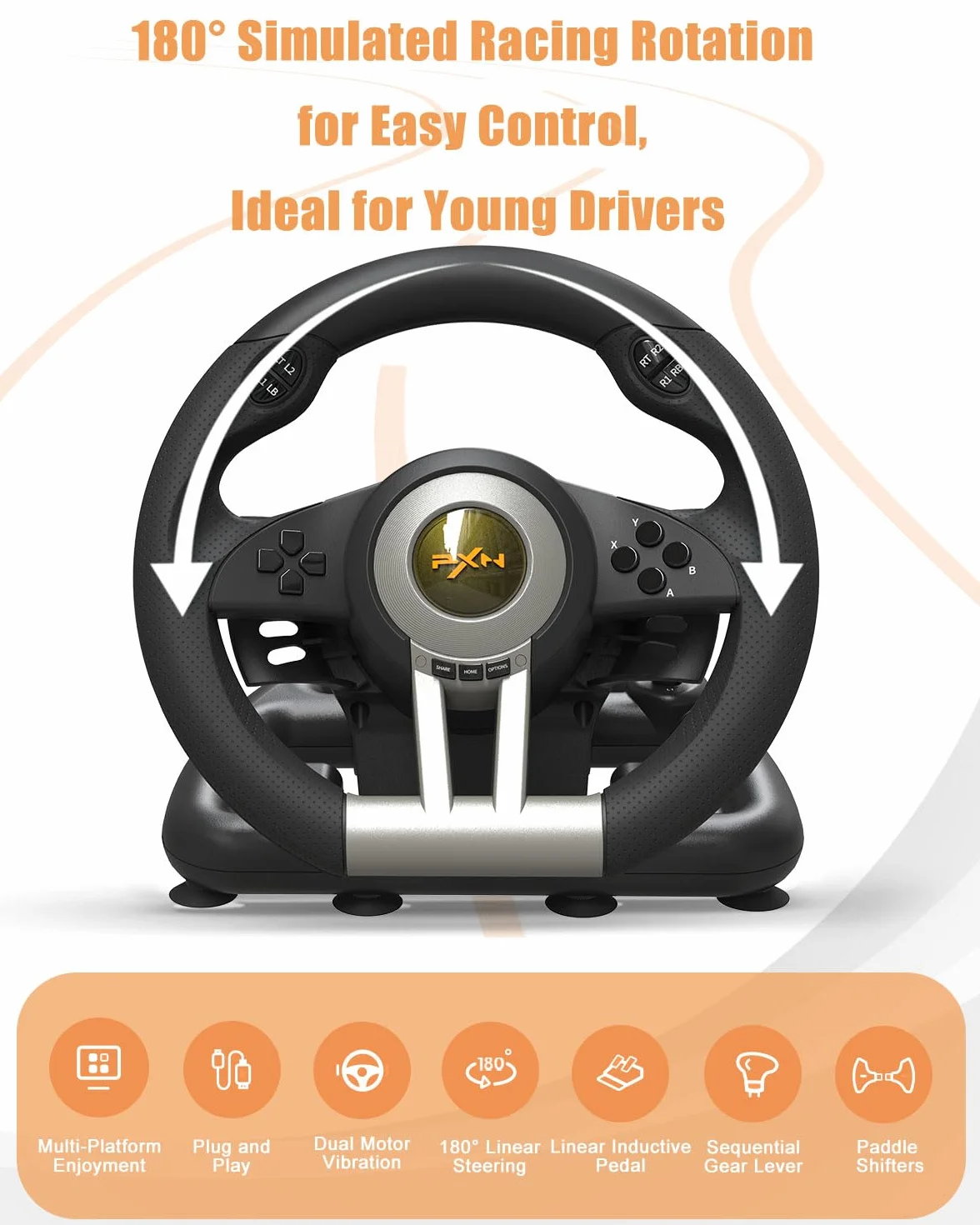 PXN V3 Pro Kierownica Gamingowa z Pedałami, Wibracyjne Sprzężenie Zwrotne Kierownica Wyścigowa 180° dla PC, PS3, PS4, Xbox One, Xbox Series X&S i Nintendo Switch -Czarny