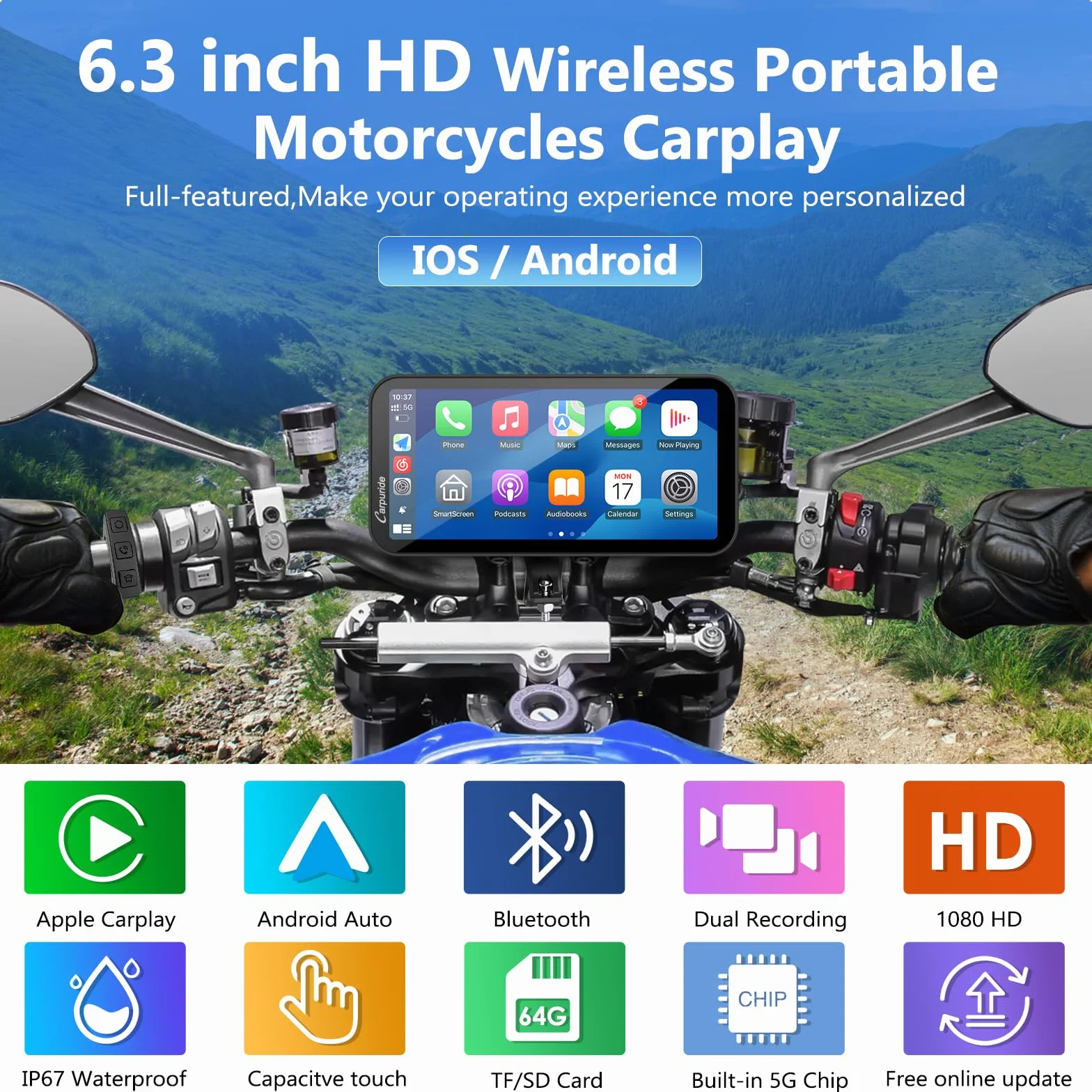 Carpuride W603D Motorcycle GPS Carplay Screen, Wireless CarPlay & Android Auto for Moto, z podwójnymi kamerami HD 1080P, pilotem, 6,3-calowym wodoodpornym ekranem dotykowym, nawigacja