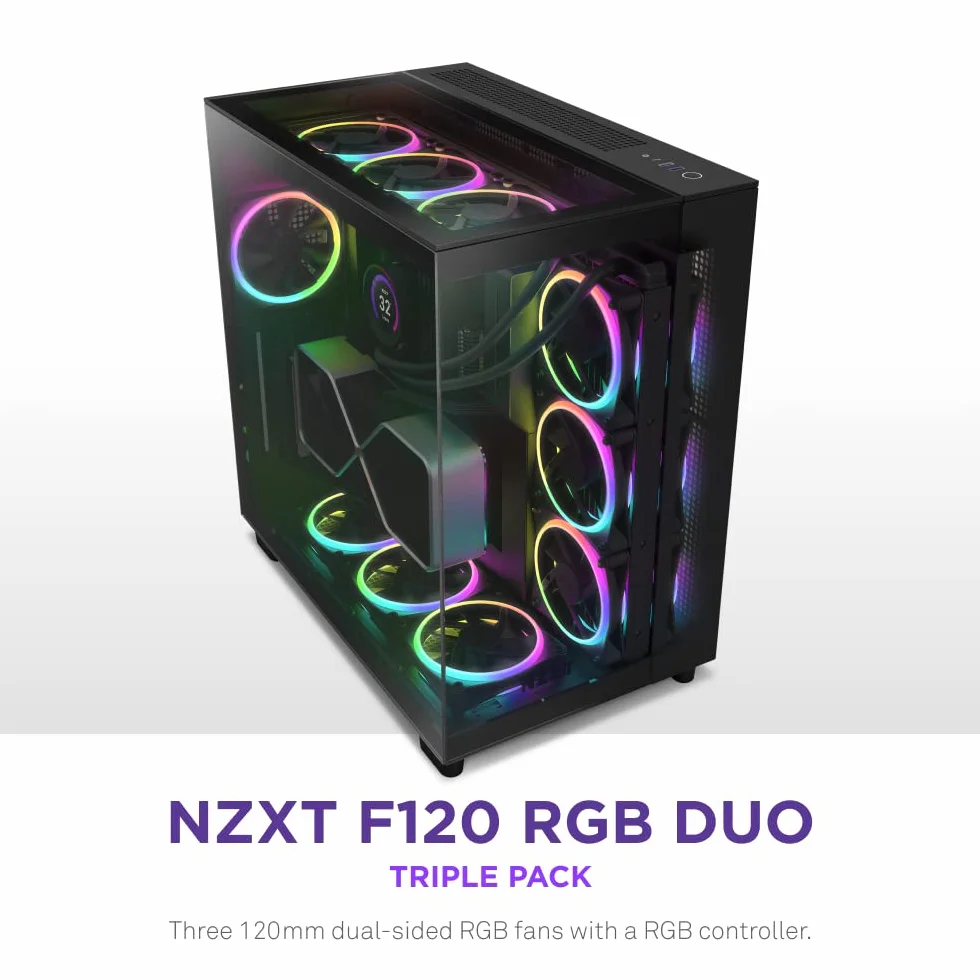 NZXT F120 RGB Duo Triple Pack - 3 x 120 mm dwustronne wentylatory RGB z kontrolerem - 20 indywidualnie adresowanych diod LED - zrównoważony przepływ powietrza i ciśnienie statyczne - PWM - czarny