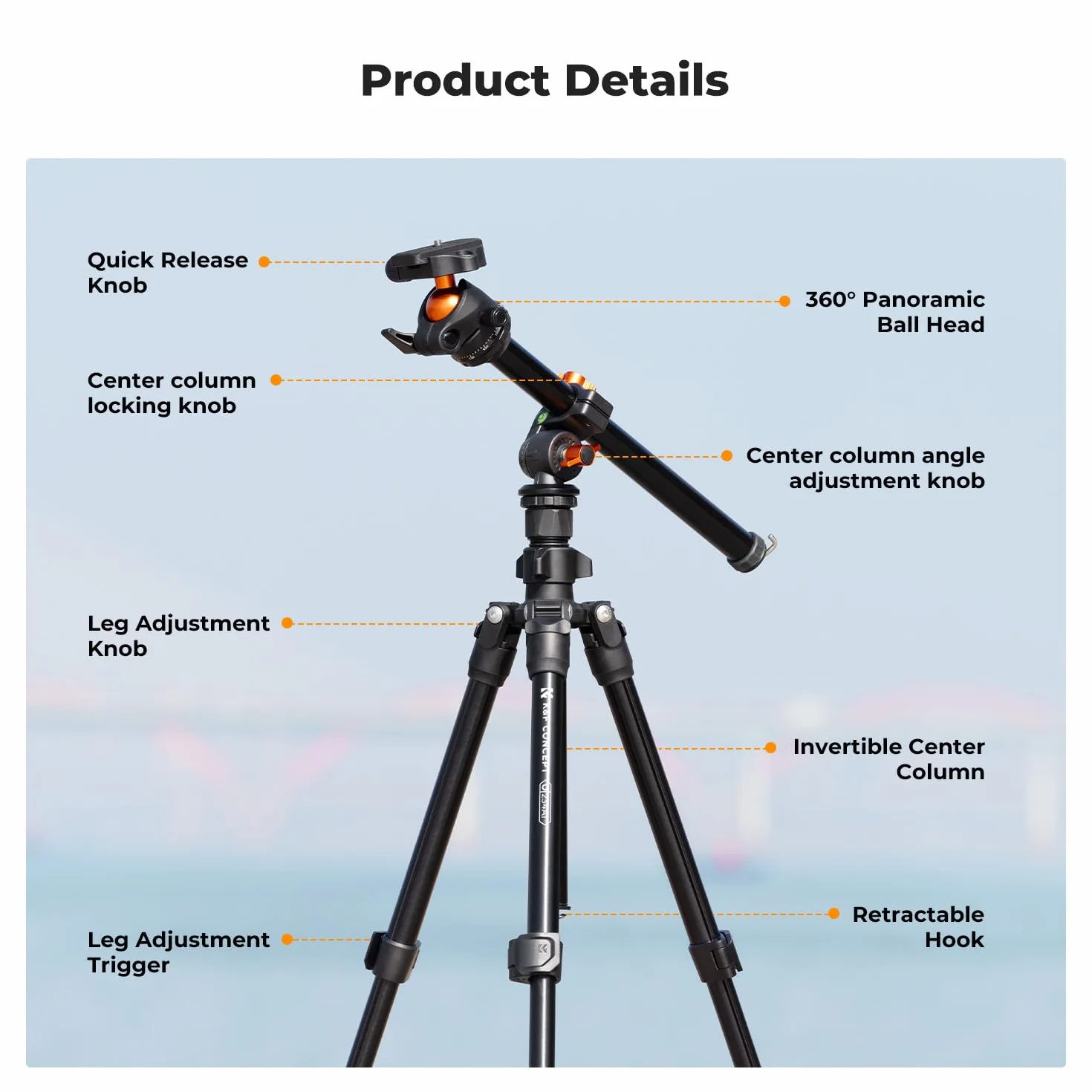 K&F Concept K234A0 statyw do aparatu z ramieniem wysięgnikowym, 163 cm statyw do telefonu komórkowego, tripod do podróży, statyw do smartfona z uchwytem na telefon komórkowy, aluminiowy statyw