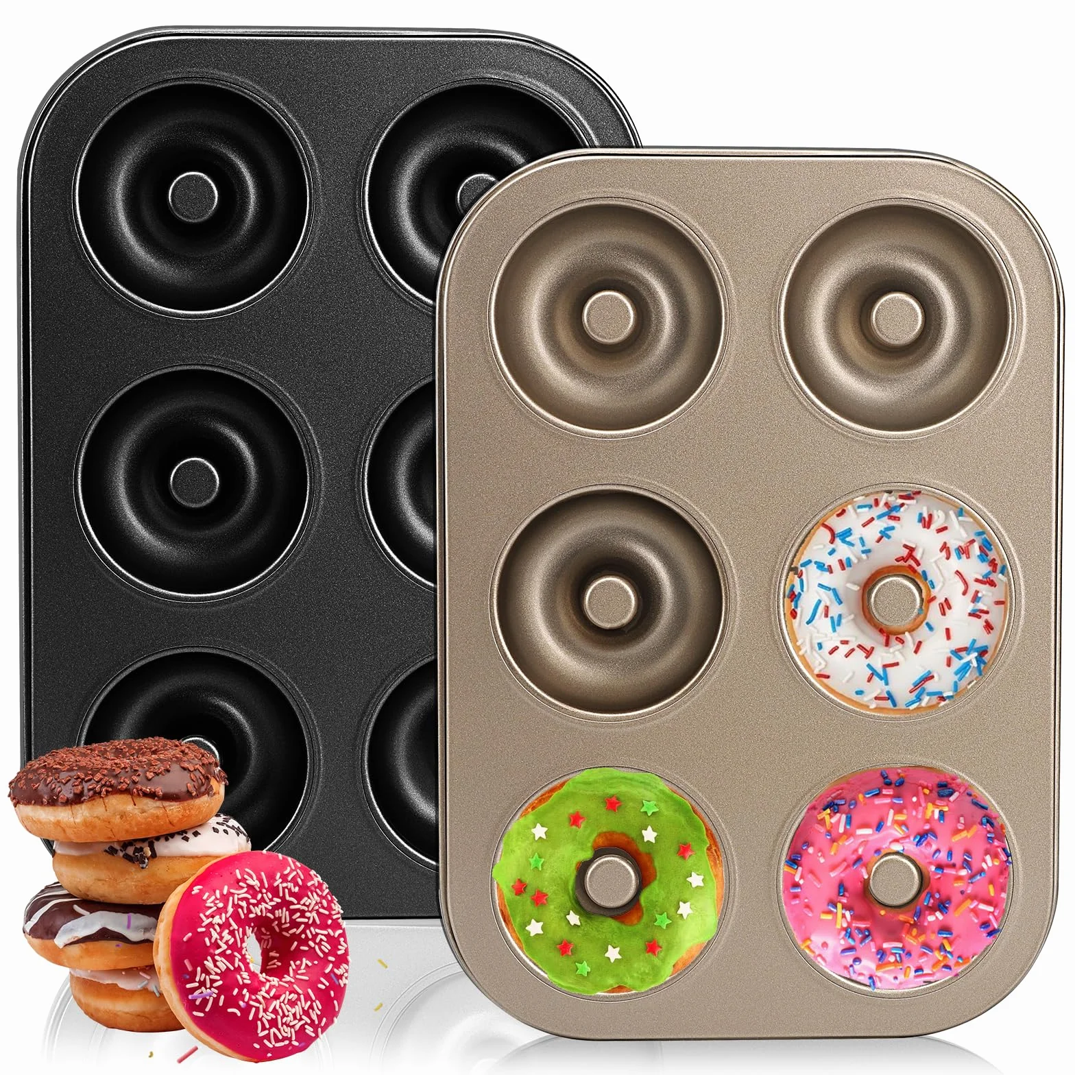 Zestaw 2 form do donutów – 6-gniazdowa forma do donutów z powłoką nieprzywierającą i odporną na wysokie temperatury idealna jako forma do ciast ciastek bajgli i muffinek (czarna + złota)