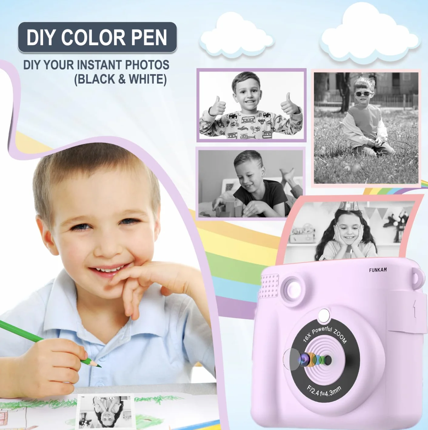 Aparat fotograficzny dla dzieci Natychmiastowe drukowanie,- 2,4" HD 1080P- z kartą SD 32GB, 5 markerów, naklejki, 5 rolek papieru, wisiorek. Aparat dla dzieci i dziewcząt. (Fioletowy)