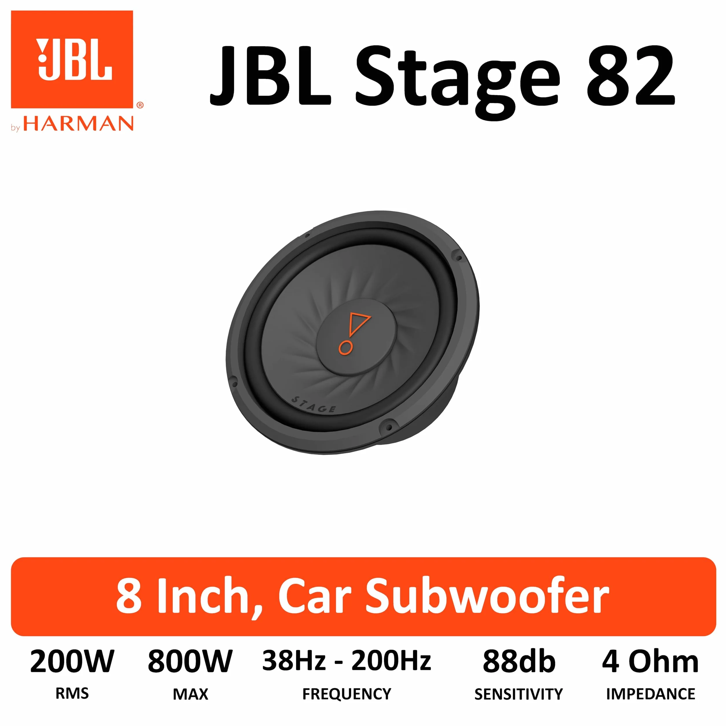 JBL Stage 82 20 cm/200 mm (8") samochodowy subwoofer HiFi Chassis/woofer/głośnik, czarny, moc maksymalna 800 W