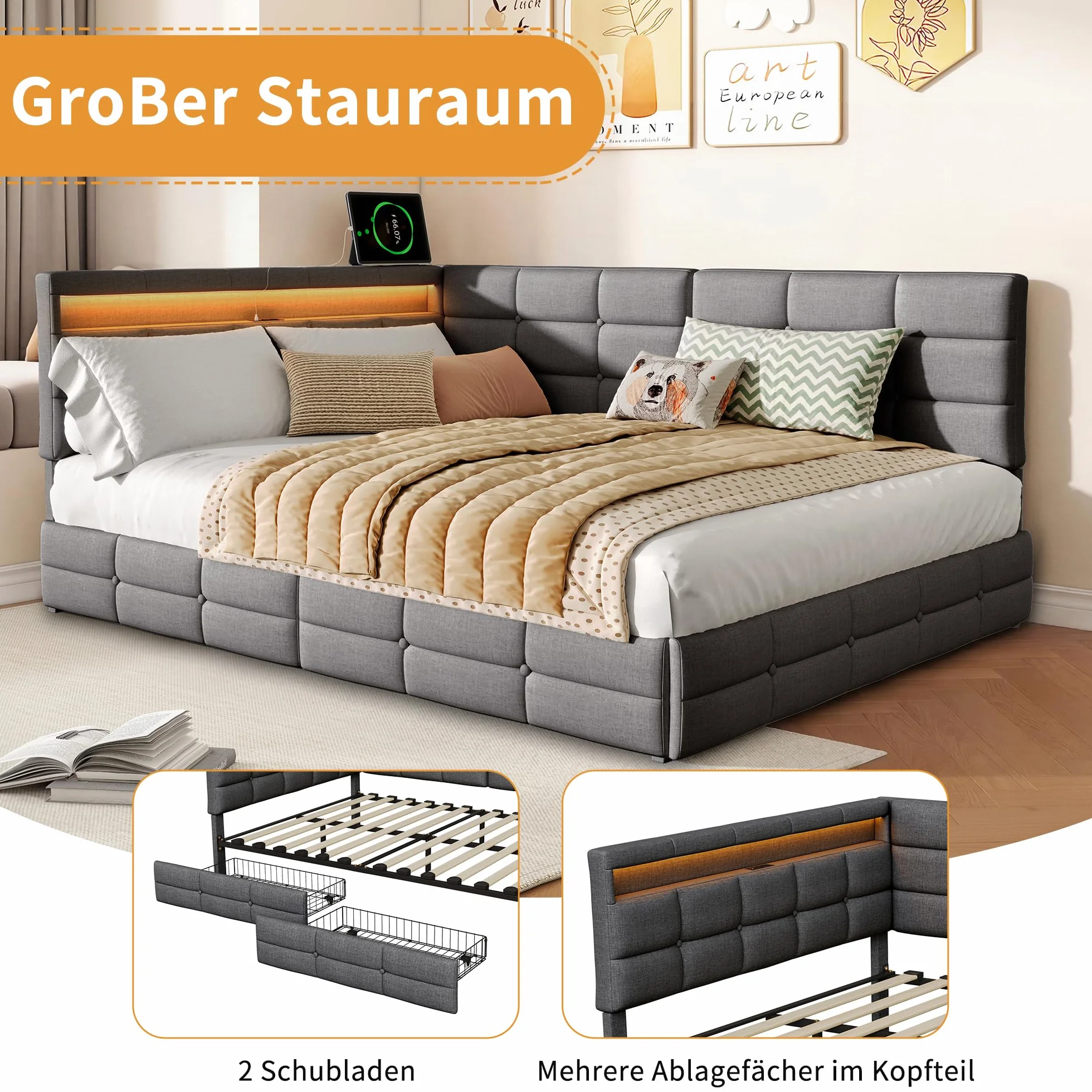 Łóżko tapicerowane, podwójne, 140 x 190 cm, z miejscem do przechowywania, łóżko dzienne, sofa z 2 szufladami, łóżko młodzieżowe z diodami LED i USB, łóżko funkcyjne ze stelażem, len, szare (szare, 140