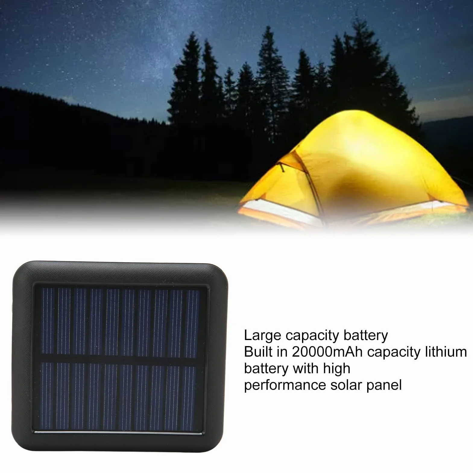 Powerbank na Energię Słoneczną, Przenośna Ładowarka 20000mAh do Pieszych Wędrówek w Podróży, Metody Ładowania: USB C, Port Micro USB (Czarny)