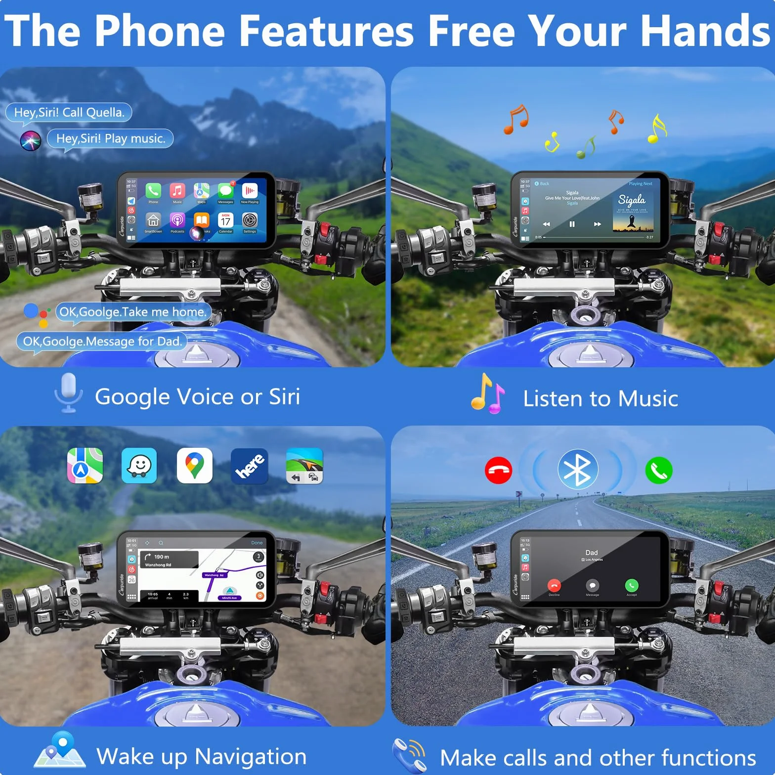 Carpuride W603D Motorcycle GPS Carplay Screen, Wireless CarPlay & Android Auto for Moto, z podwójnymi kamerami HD 1080P, pilotem, 6,3-calowym wodoodpornym ekranem dotykowym, nawigacja
