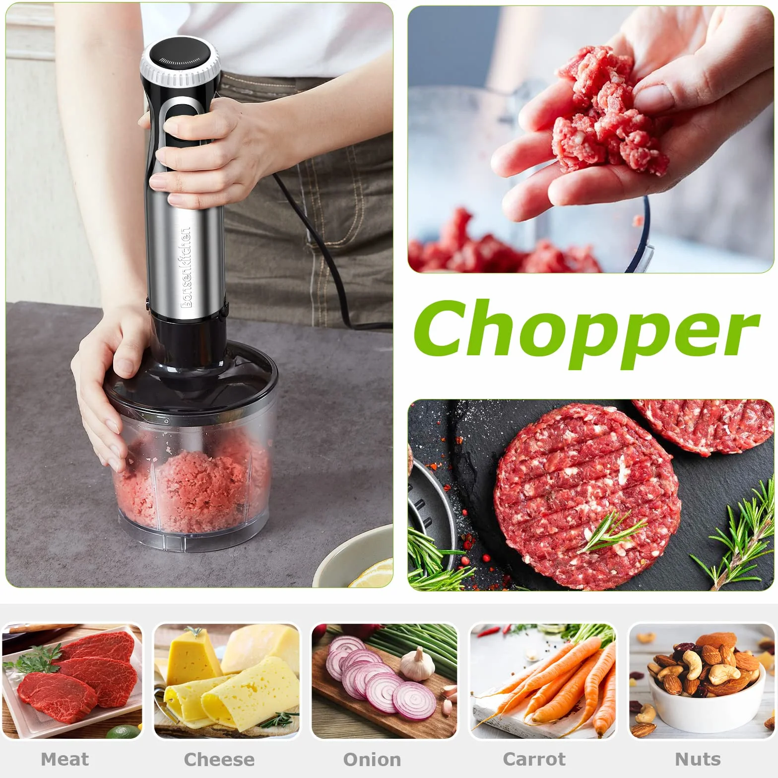 Bonsenkitchen HB3203 elektryczny blender immersyjny, blender ręczny 4 w 1, 1000 W, bezstopniowa prędkość, stal nierdzewna, trzepaczka, rozdrabniacz 500 ml i kubek z miarką 700 ml (czarny)