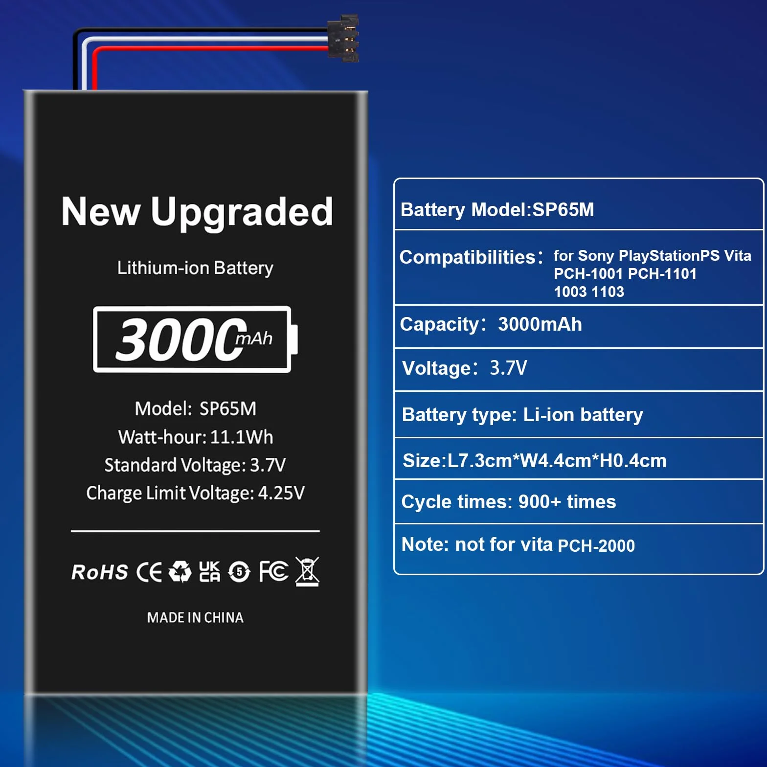 SP65M Akumulator do Playstation Vita, 3000 mAh, akumulator wewnętrzny do PS Vita PCH-1001 PCH-1101 1003 1103 PSV SP65M do gier z zestawem narzędzi naprawczych (nie pasuje do PS Vita PCH-2000)