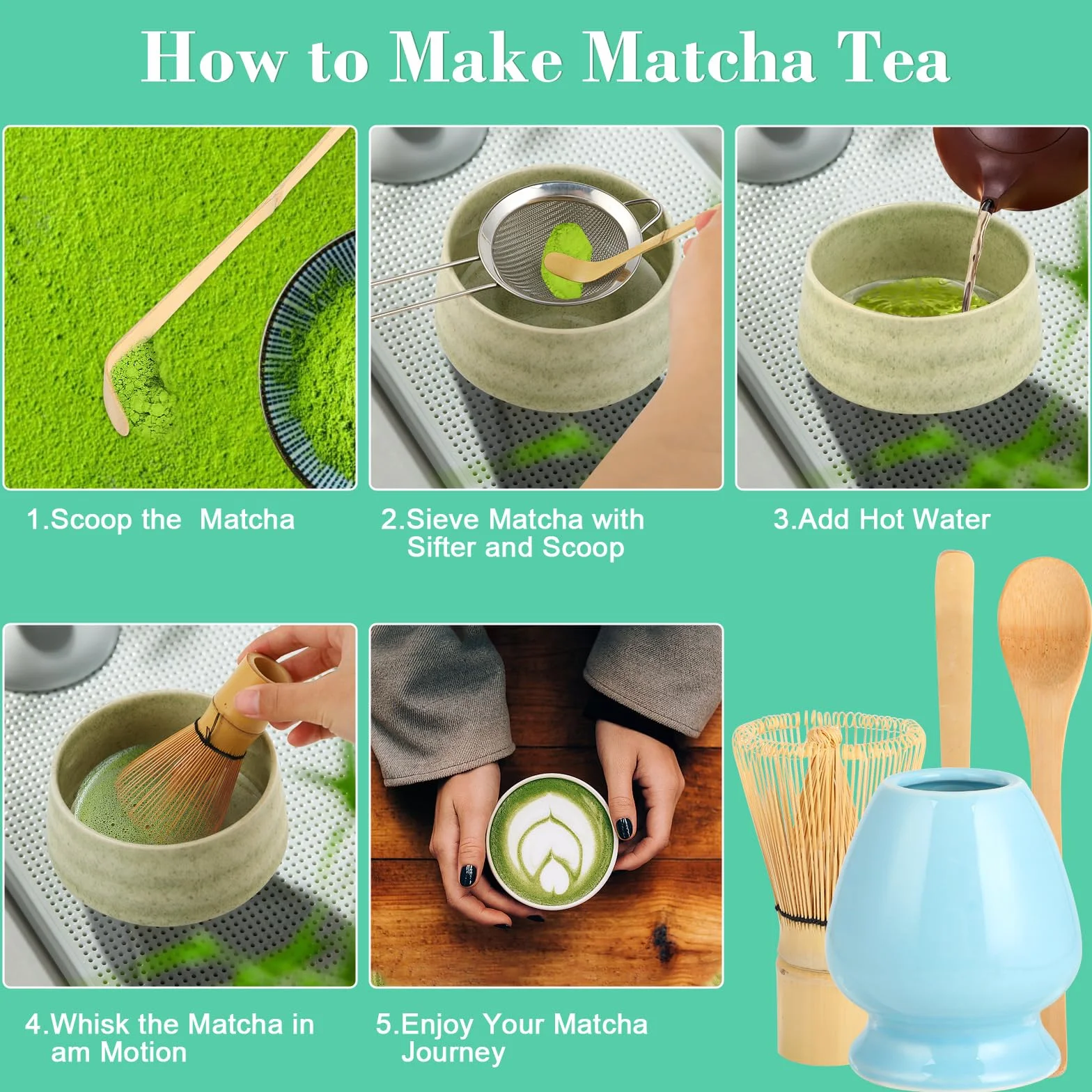 matcha - 4-częściowy zestaw herbaty matcha, miotła, miska, chasa i łyżka - akcesoria do postaci emonii (niebieski (bez miski))