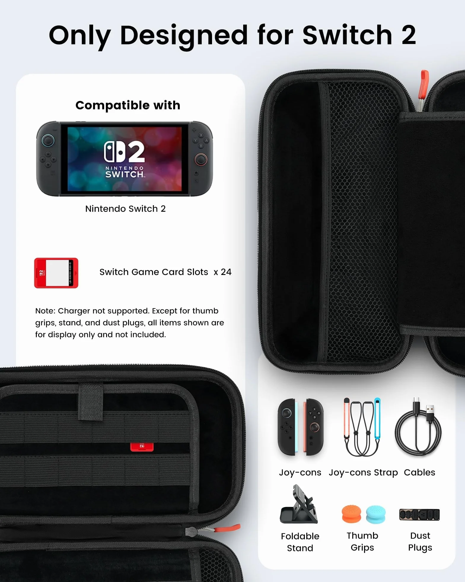 TRANSNOVO Etui do przenoszenia na Nintendo Switch 2 2025 – etui podróżne All in One Switch 2 z 24 przegródkami na karty do gier i akcesoriami do zestawu, osłona ekranu, uchwyt na kciuk, stojak, osłona