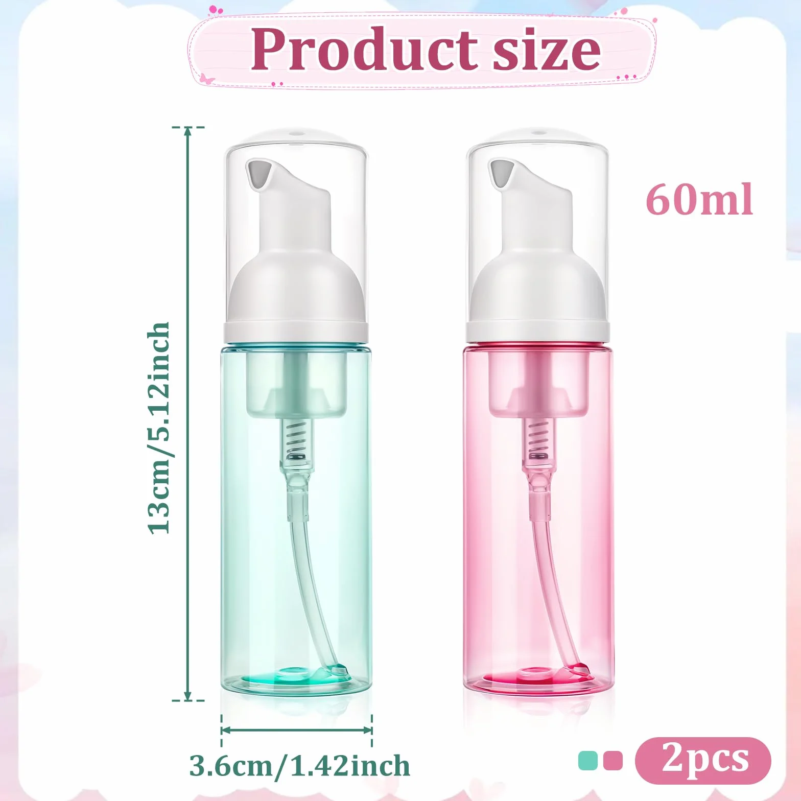 Molain Dozownik z pompką do pianki w butelce, 60 ml, 2 szt., podróżny, przezroczysty, plastikowy, pojemniki do wielokrotnego napełniania do mydła do rąk, żelu do mycia twarzy, szamponu do rzęs
