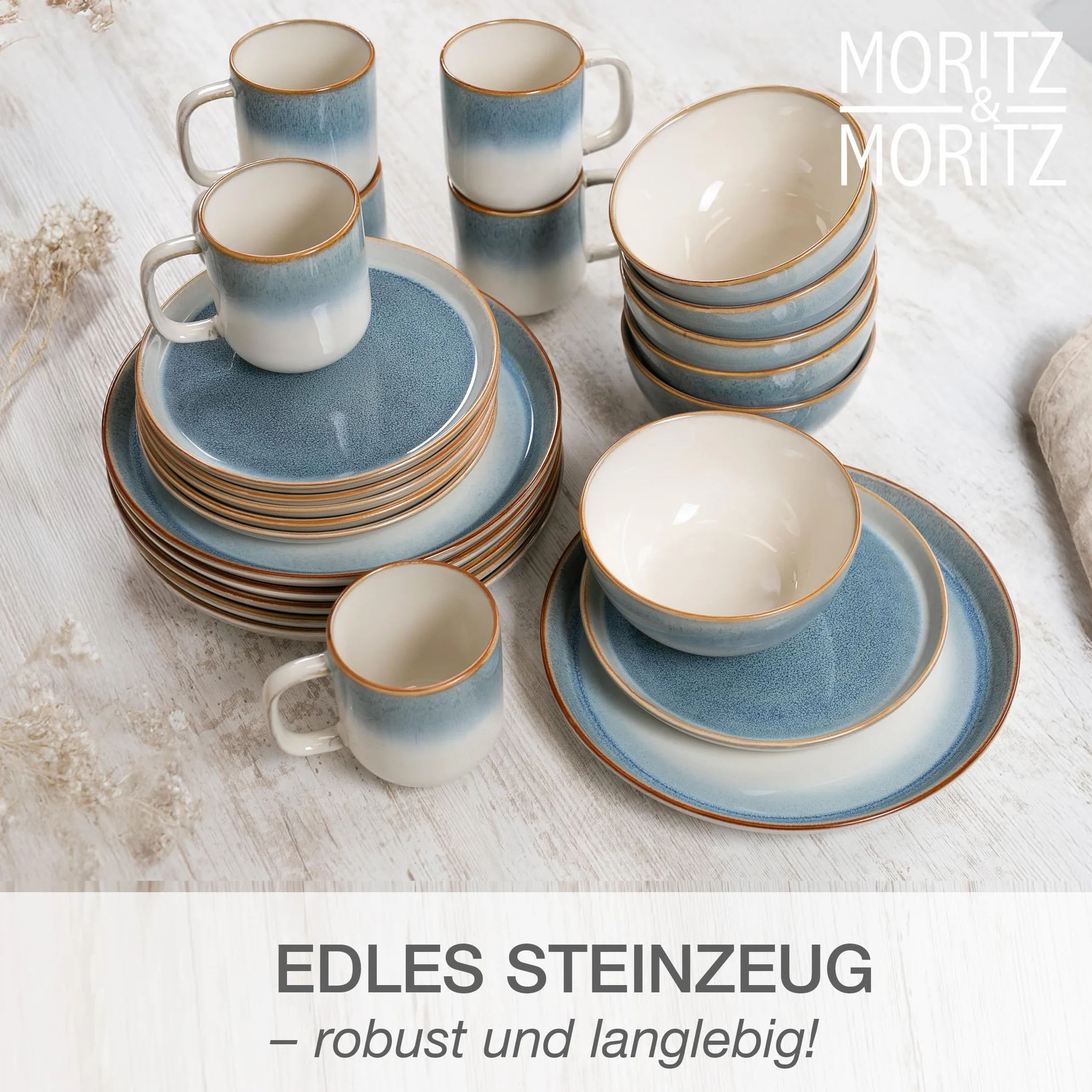 Moritz & Moritz TARENTO 24-częściowy zestaw naczyń dla 6 osób, niebieski – elegancki zestaw talerzy z wysokiej jakości kamionki – zestaw naczyń składający się z 6 talerzy obiadowych, 6 talerzy
