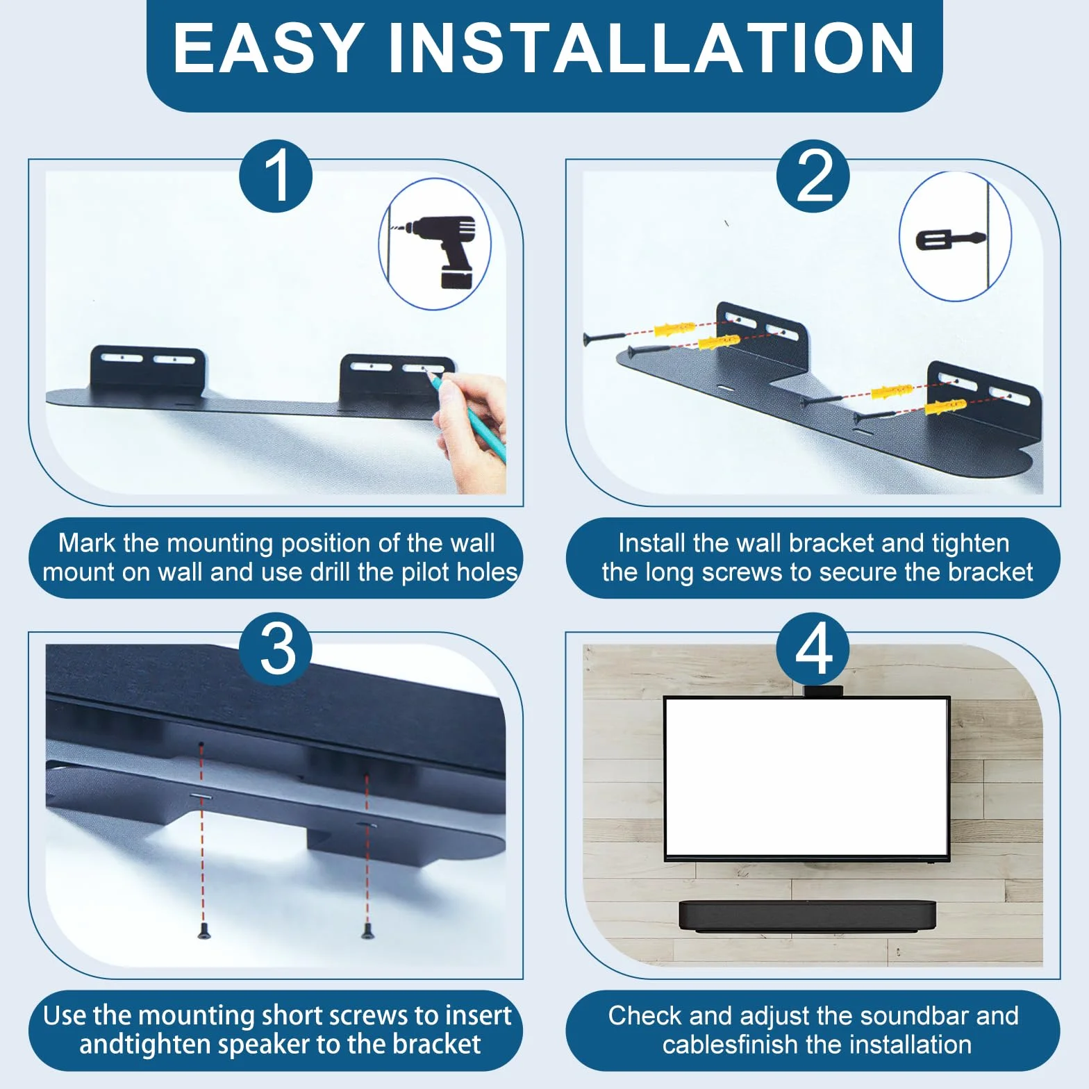 Sound Bar Support, Wall Głośniki Uchwyt Ścienny, Uchwyt Ścienny na Pręt, Uniwersalny Uchwyt Głośnika dla Większości, Maksymalna pojemność 15 kg, Czarny