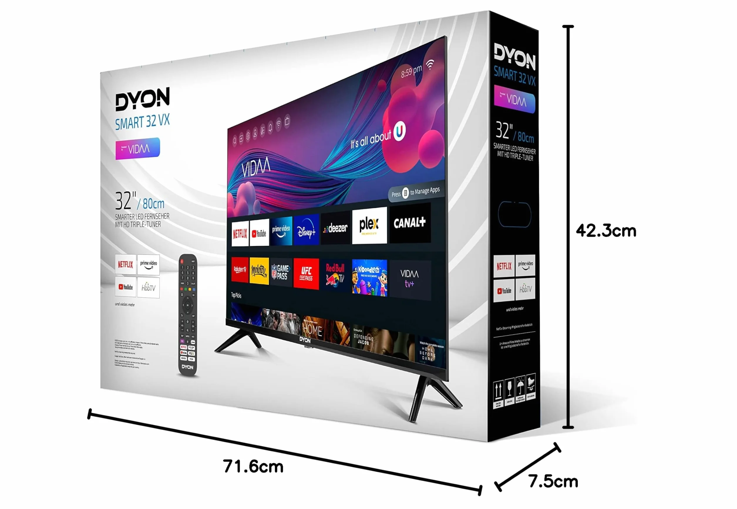 DYON Smart 32 VX 80 cm (32 cale) TV (HD Smart TV, potrójny tuner HD (DVB-C/-S2/-T2), App Store, Prime Video, Netflix, YouTube)